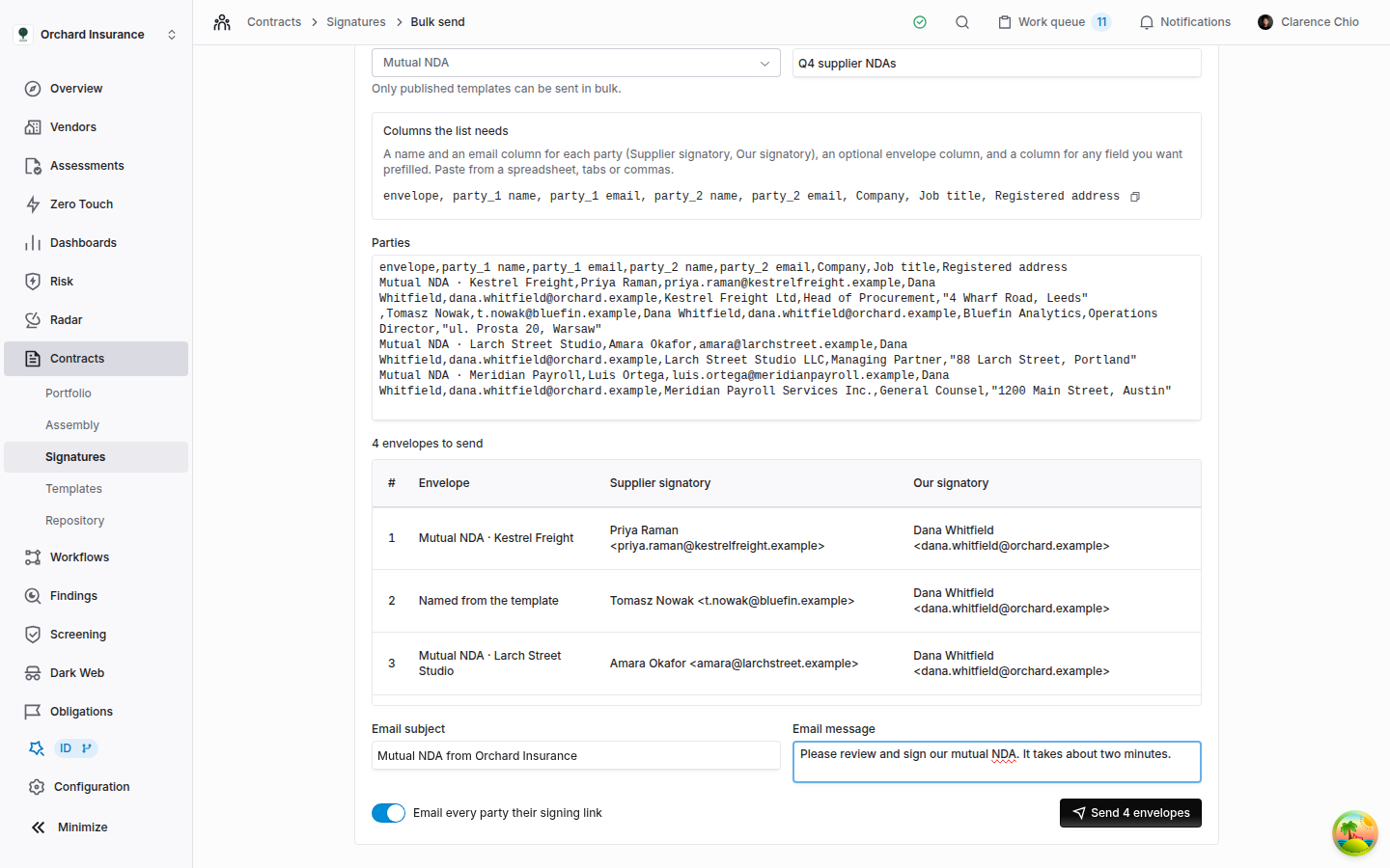 Bulk send page with a pasted comma-separated list, a preview table of envelopes with each party's name and email, the email subject and message filled in, and a Send 4 envelopes button