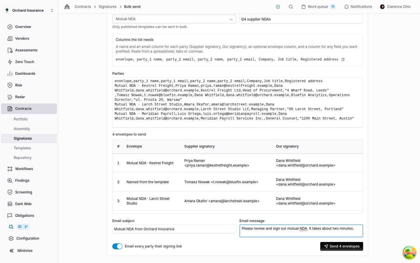 Bulk send page with a pasted comma-separated list, a preview table of envelopes with each party's name and email, the email subject and message filled in, and a Send 4 envelopes button