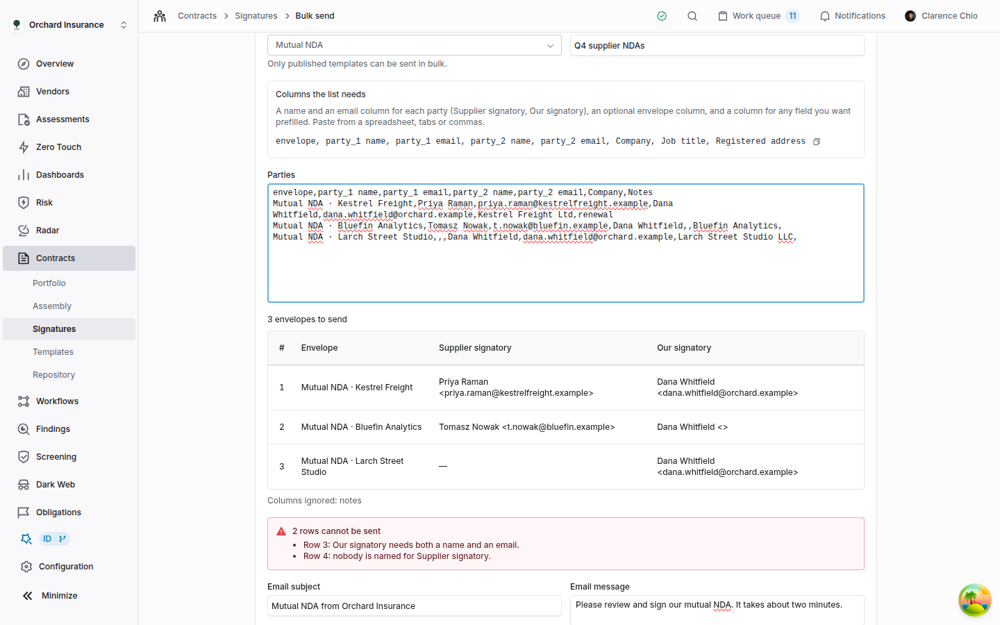Bulk send page with a pasted list, a preview of three rows, a Columns ignored note, and a red box reading 2 rows cannot be sent with one problem for row 3 and one for row 4
