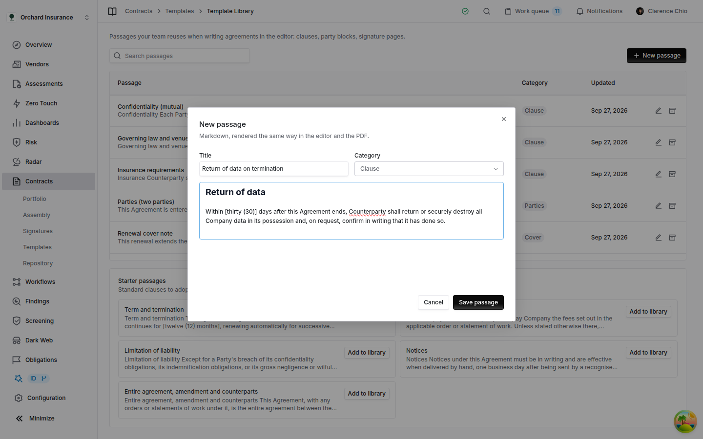 New passage dialog with the title Return of data on termination, category Clause, and a heading followed by a paragraph containing a bracketed placeholder