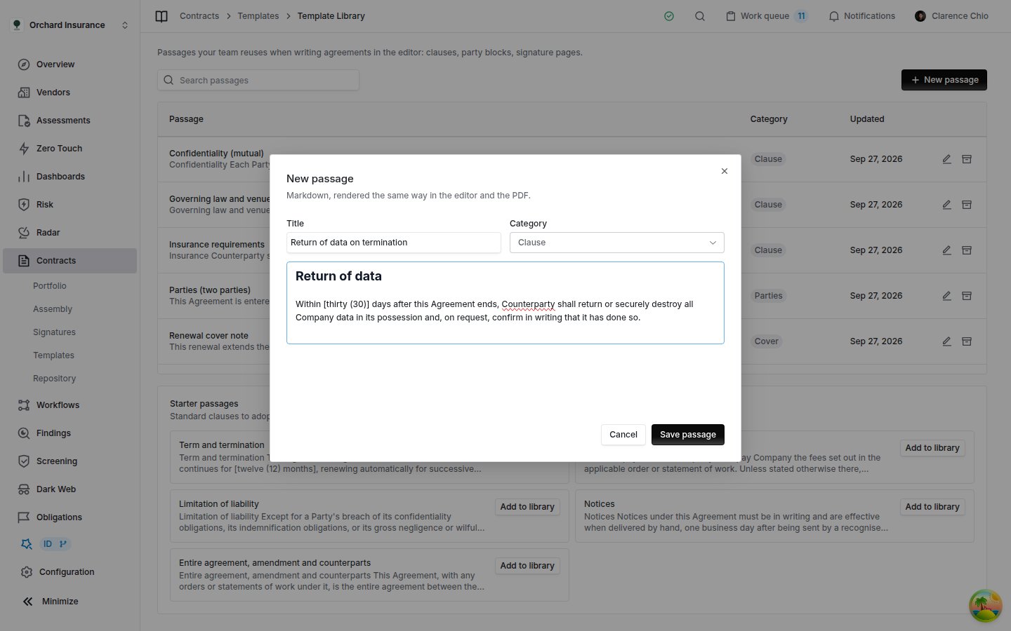 New passage dialog with the title Return of data on termination, category Clause, and a heading followed by a paragraph containing a bracketed placeholder