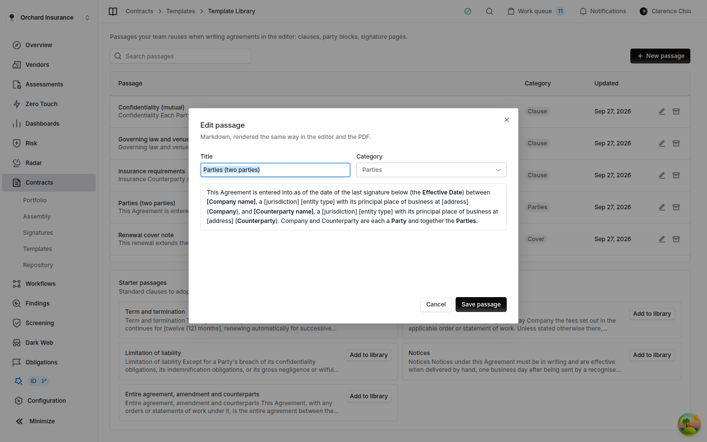 Edit passage dialog for Parties (two parties), category Parties, with text containing bracketed placeholders for company name, jurisdiction, entity type and address