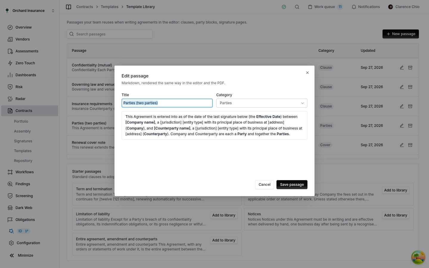 Edit passage dialog for Parties (two parties), category Parties, with text containing bracketed placeholders for company name, jurisdiction, entity type and address