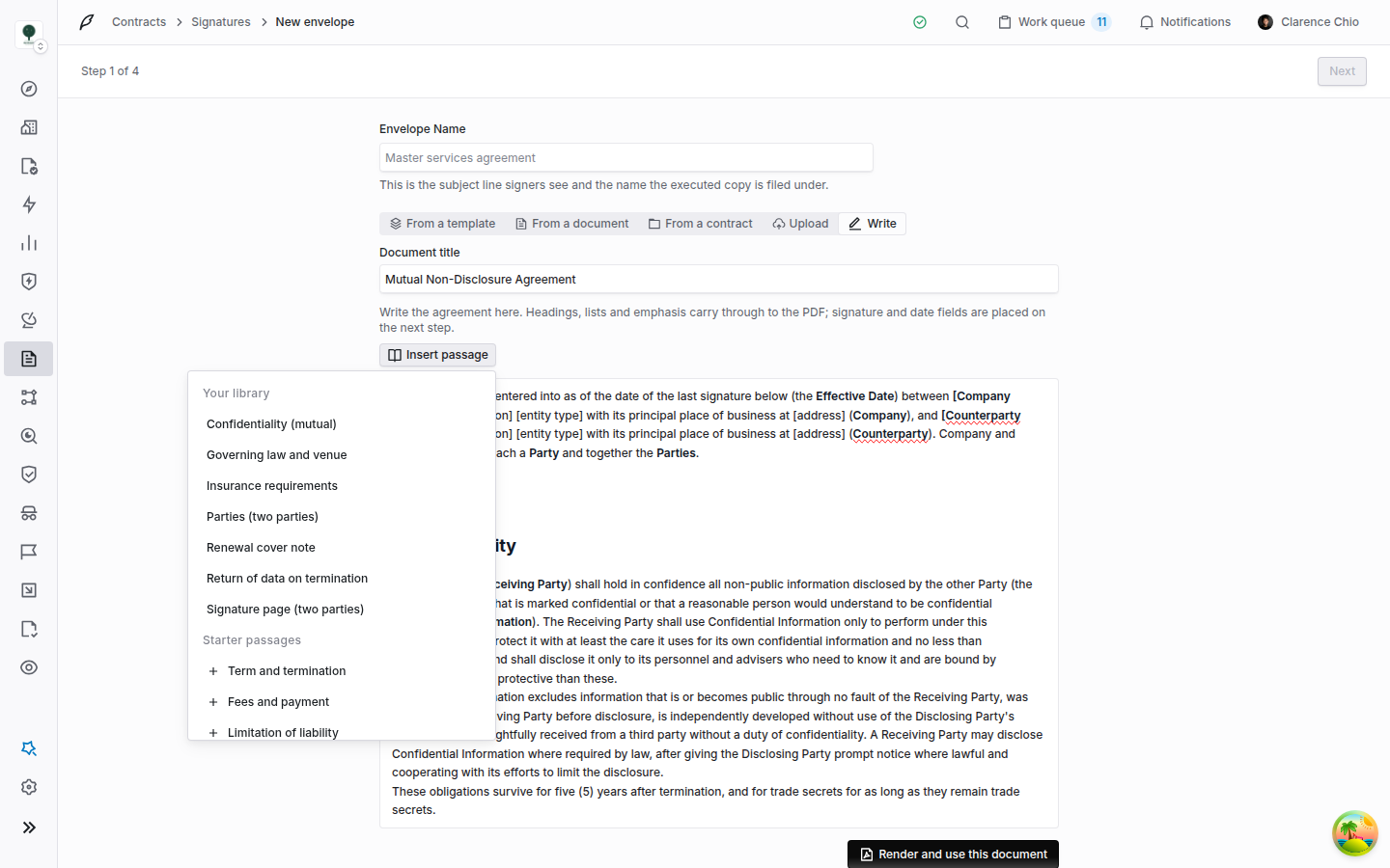 Send wizard step one with Write selected, a document title, two inserted passages in the editor, and the Insert passage menu open showing Your library and Starter passages