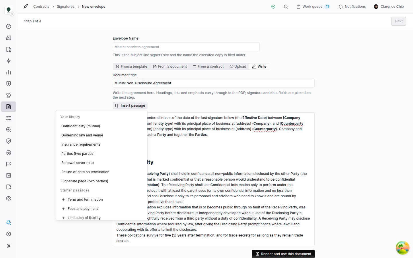 Send wizard step one with Write selected, a document title, two inserted passages in the editor, and the Insert passage menu open showing Your library and Starter passages