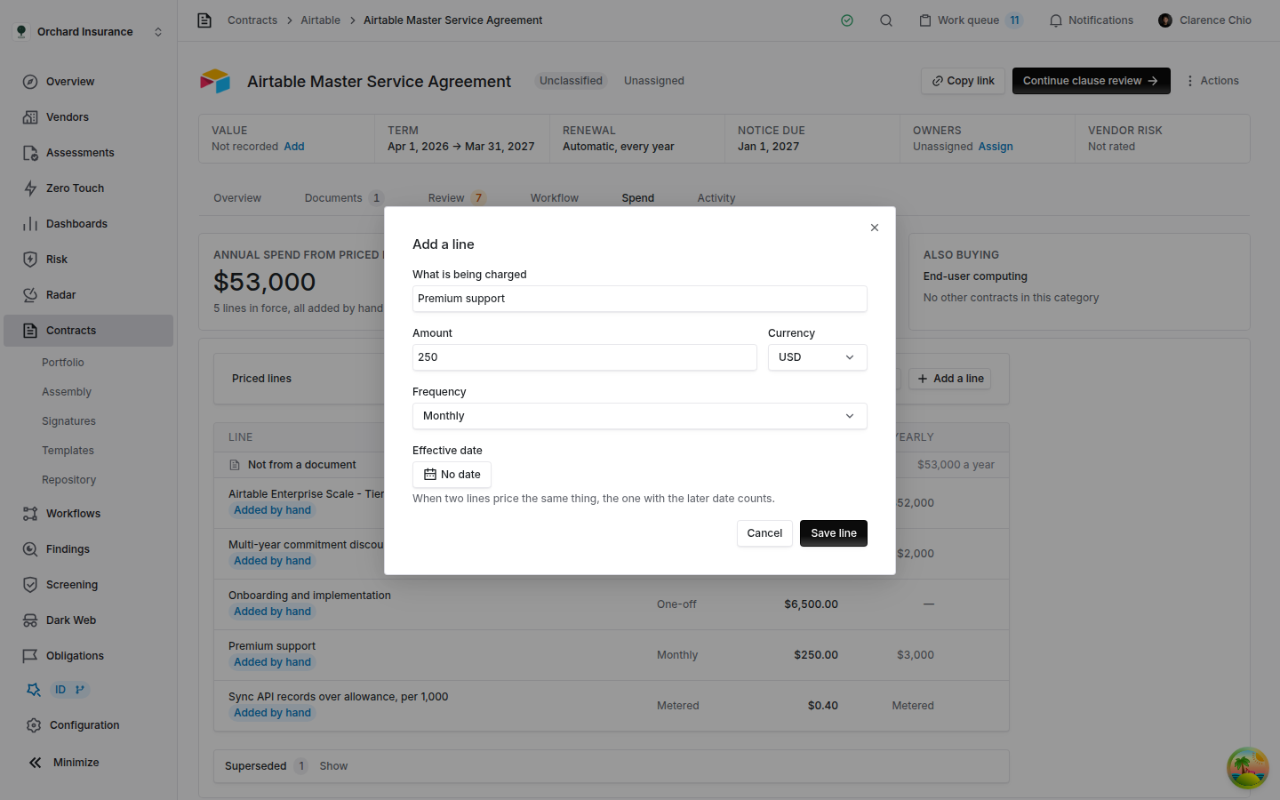 Add a line dialog with fields for what is being charged, amount, currency, frequency and effective date