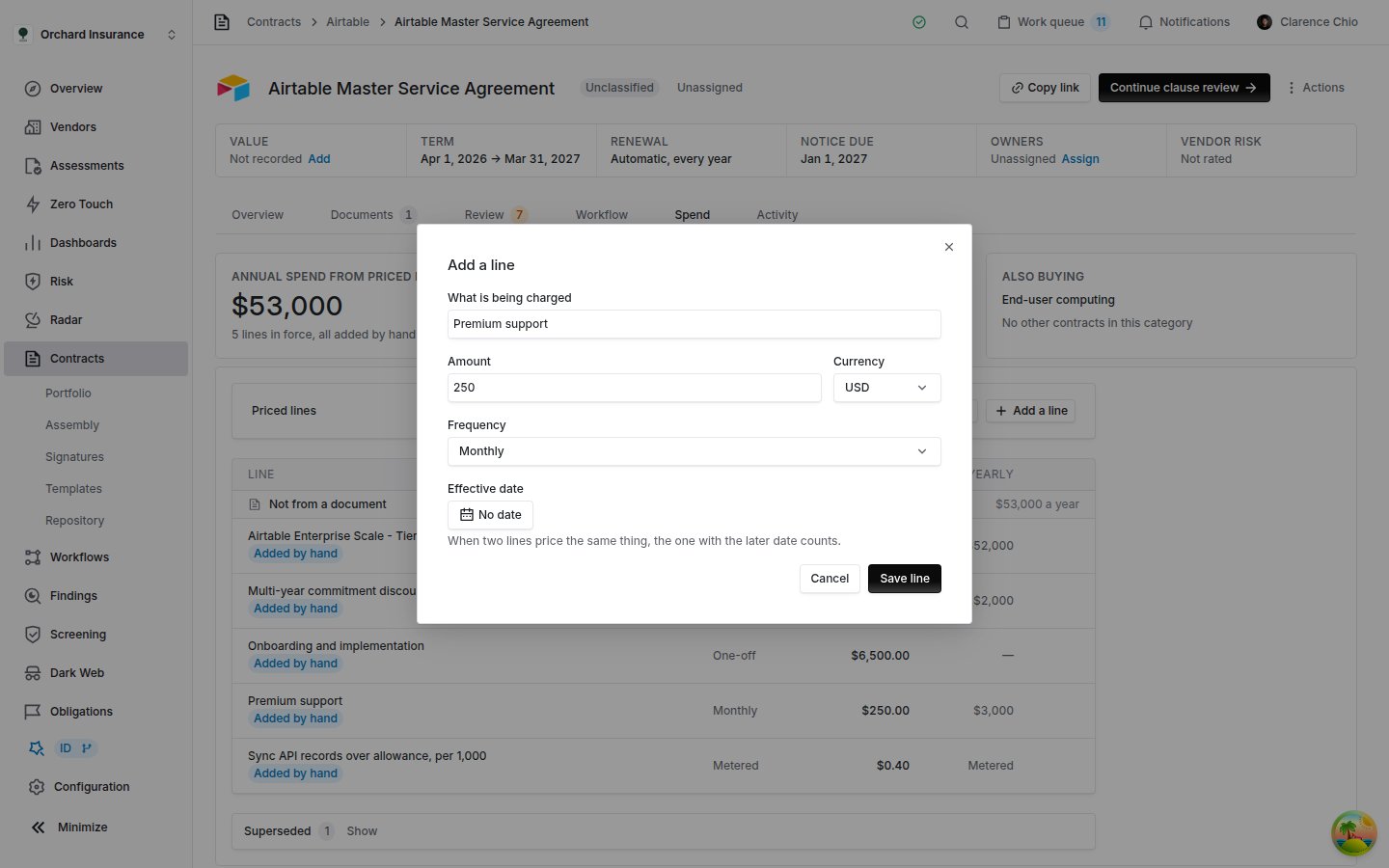 Add a line dialog with fields for what is being charged, amount, currency, frequency and effective date