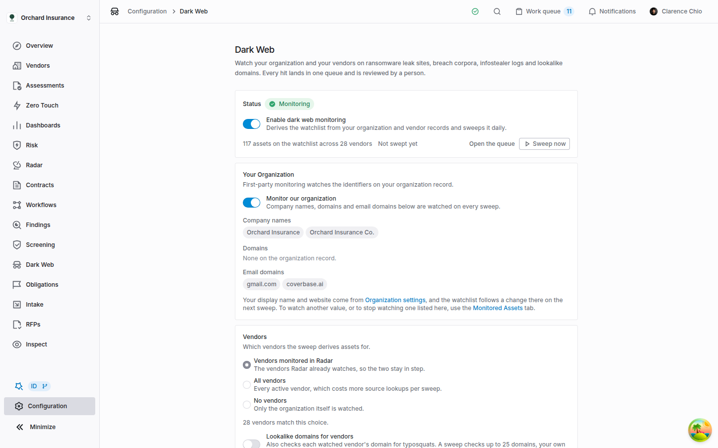 The Dark Web configuration page showing the Status card with the Monitoring badge, the enable switch, 117 assets on the watchlist across 28 vendors, Not swept yet, Open the queue and Sweep now, then the Your Organization card with company names, no domains, two email domains and a note on where they come from, and the Vendors card with Vendors monitored in Radar selected and 28 vendors matching that choice.