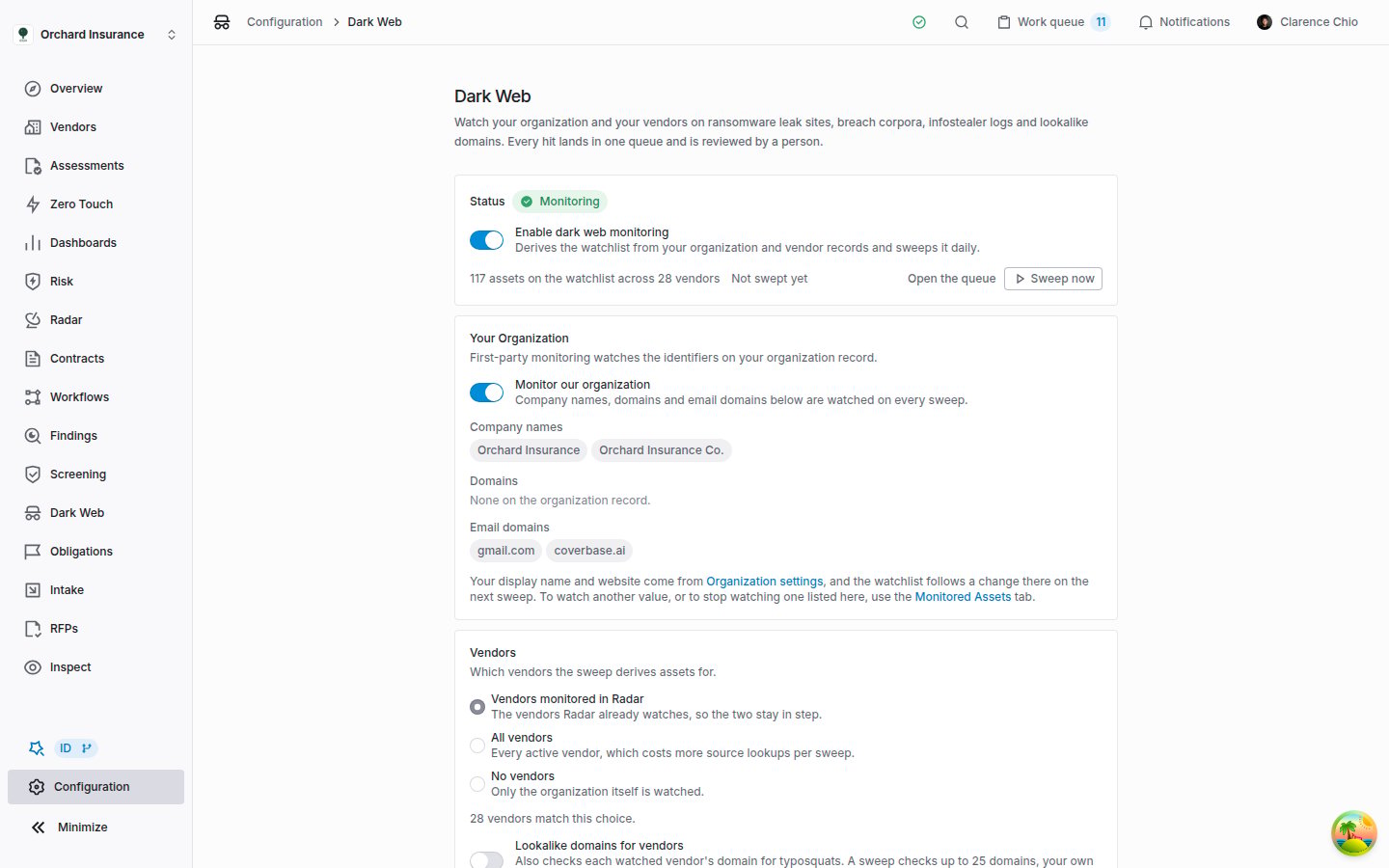 The Dark Web configuration page showing the Status card with the Monitoring badge, the enable switch, 117 assets on the watchlist across 28 vendors, Not swept yet, Open the queue and Sweep now, then the Your Organization card with company names, no domains, two email domains and a note on where they come from, and the Vendors card with Vendors monitored in Radar selected and 28 vendors matching that choice.
