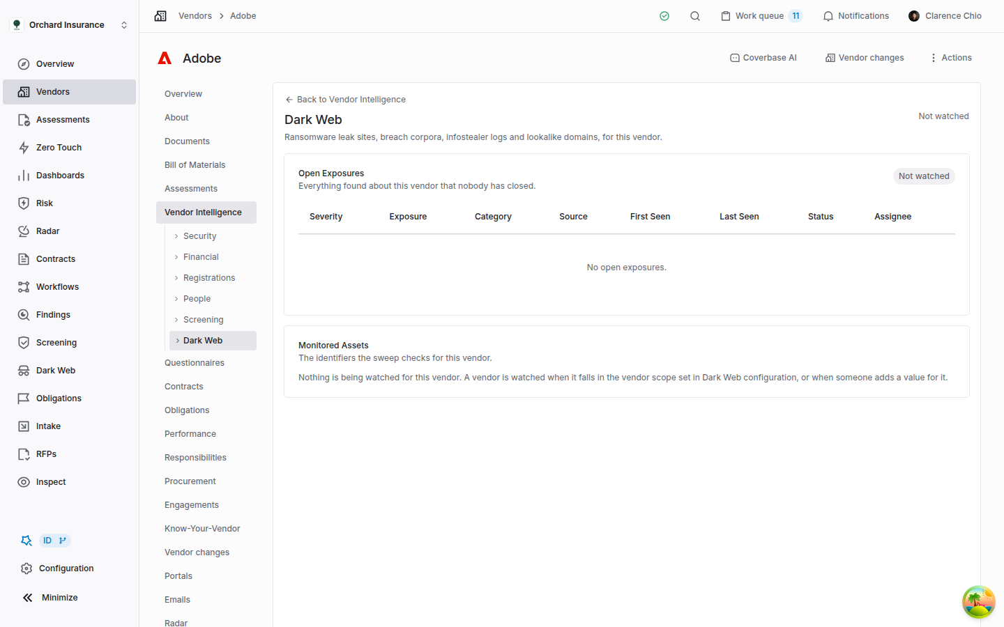 The Dark Web tab on a vendor that is not in scope, showing Not watched at the top right and as the Open Exposures badge, No open exposures, and a Monitored Assets note that nothing is being watched for this vendor and how a vendor comes to be watched.