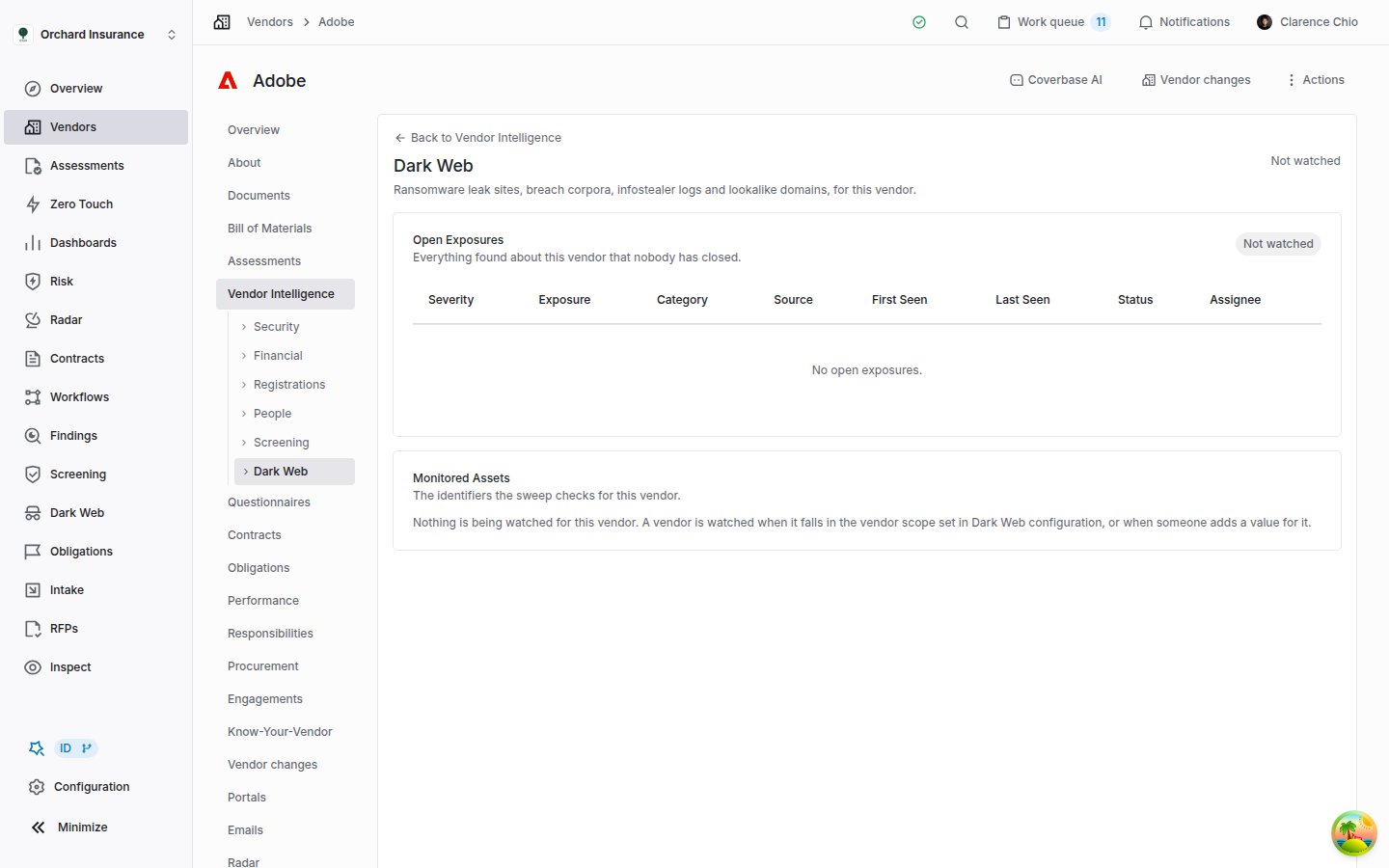 The Dark Web tab on a vendor that is not in scope, showing Not watched at the top right and as the Open Exposures badge, No open exposures, and a Monitored Assets note that nothing is being watched for this vendor and how a vendor comes to be watched.
