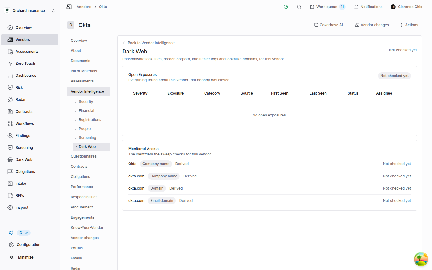 The Dark Web tab on a vendor page, under Vendor Intelligence, with Not checked yet at the top right, an Open Exposures section showing a Not checked yet badge and No open exposures, and a Monitored Assets section listing the vendor's company name, a company-name alias, its domain and its email domain, each Derived and Not checked yet.