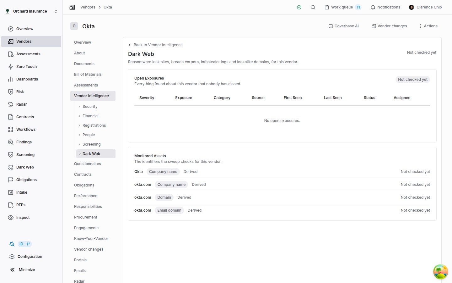 The Dark Web tab on a vendor page, under Vendor Intelligence, with Not checked yet at the top right, an Open Exposures section showing a Not checked yet badge and No open exposures, and a Monitored Assets section listing the vendor's company name, a company-name alias, its domain and its email domain, each Derived and Not checked yet.