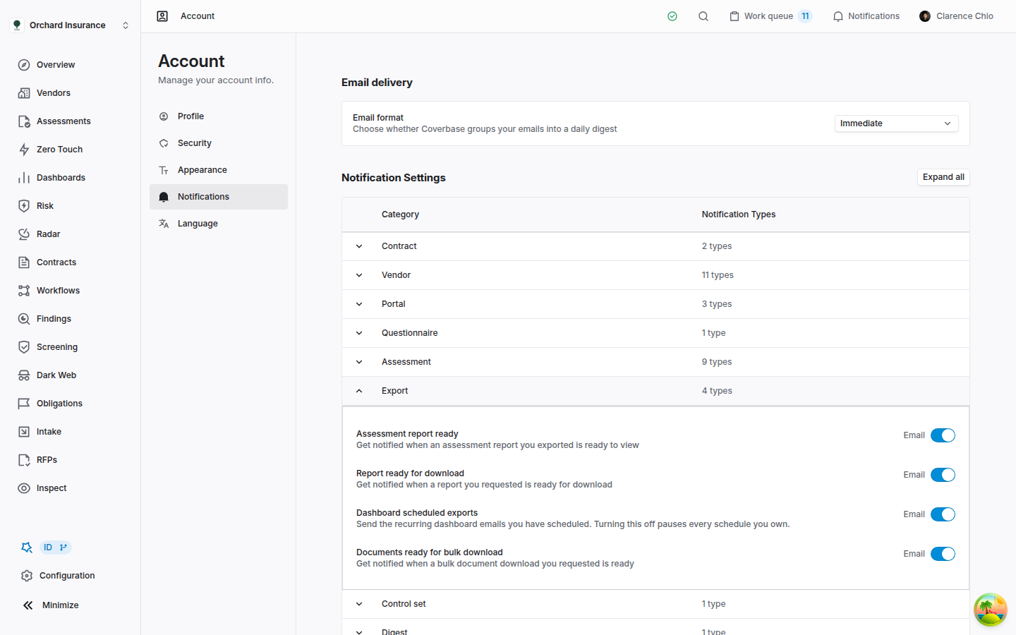 Account notification settings with the Export group expanded, showing Assessment report ready, Report ready for download, Dashboard scheduled exports and Documents ready for bulk download, each with an Email switch