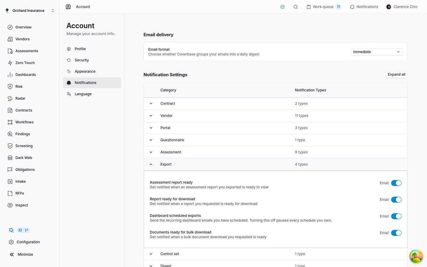 Account notification settings with the Export group expanded, showing Assessment report ready, Report ready for download, Dashboard scheduled exports and Documents ready for bulk download, each with an Email switch