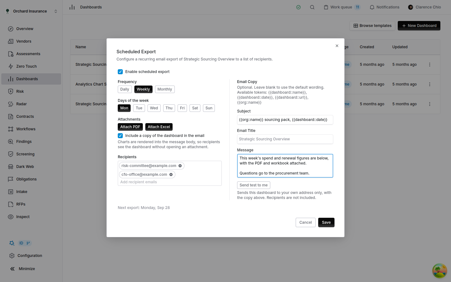 The Scheduled Export dialog with Enable scheduled export ticked, Weekly on Monday, Attach PDF and Attach Excel on, the dashboard copy included, two recipients, a custom subject and message, and Next export: Monday, Sep 28