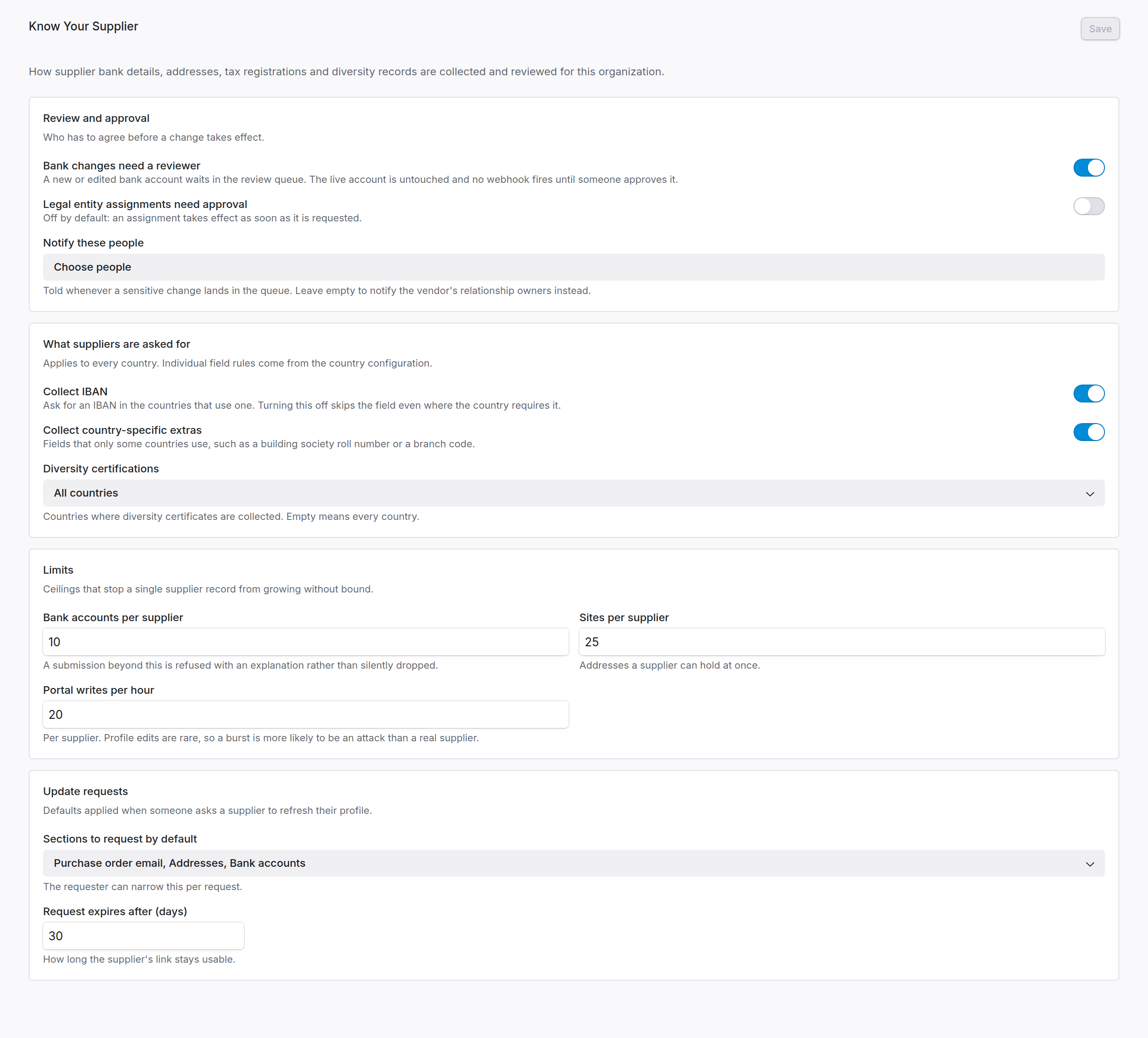The Know Your Supplier configuration page, showing review and approval settings, collection options, limits and update request defaults.