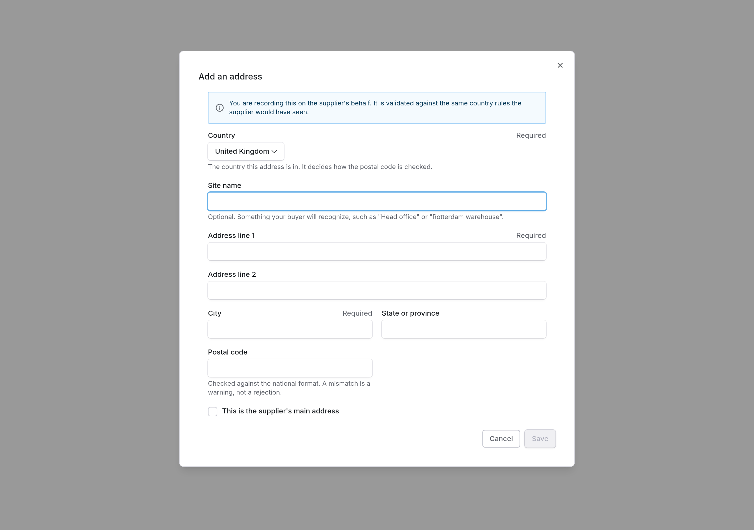The staff dialog for adding a supplier address, showing the country-driven address fields and a notice that the record is being entered on the supplier's behalf.