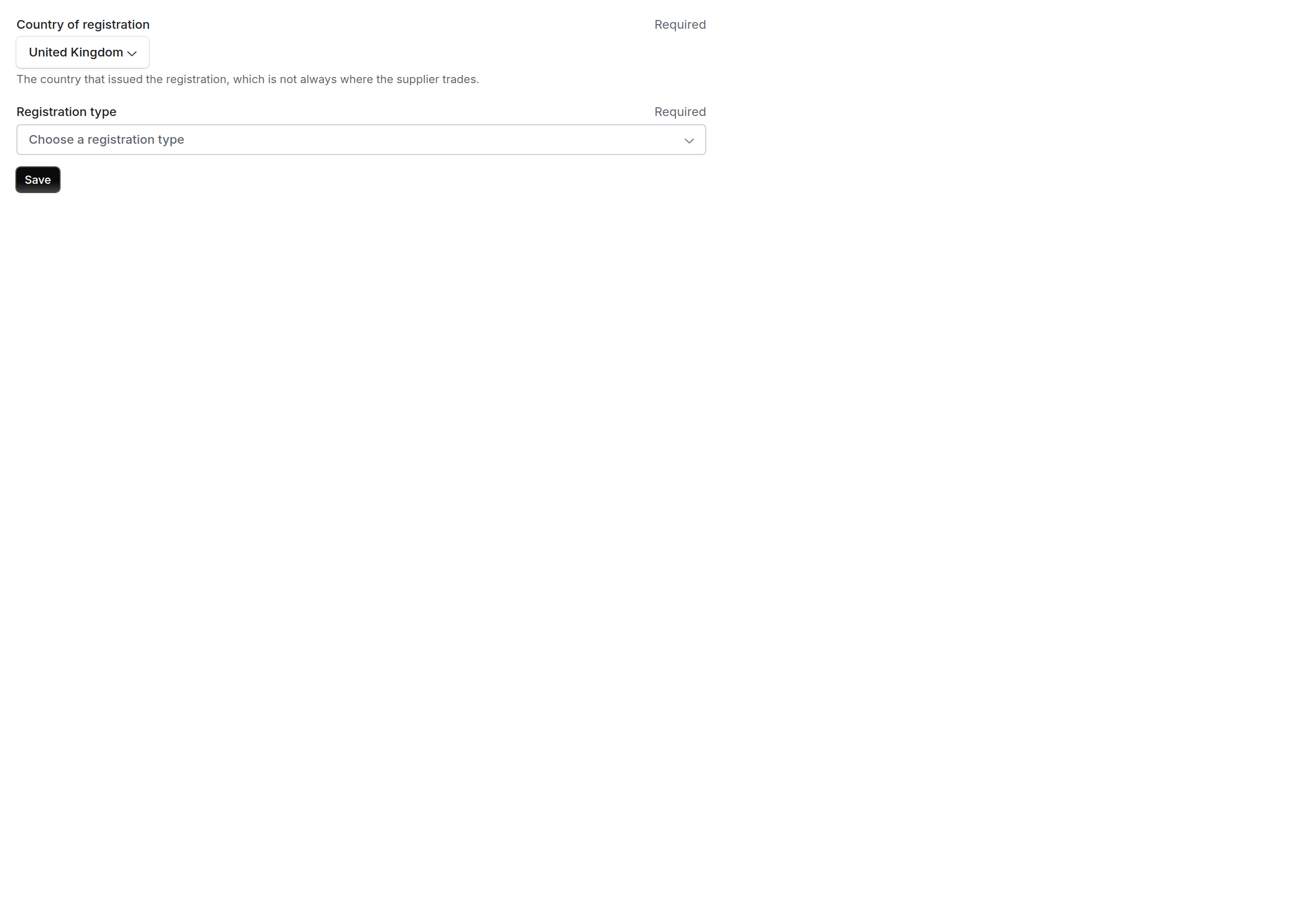 A tax registration question showing the country selector, a registration type selector, and the identifier field.