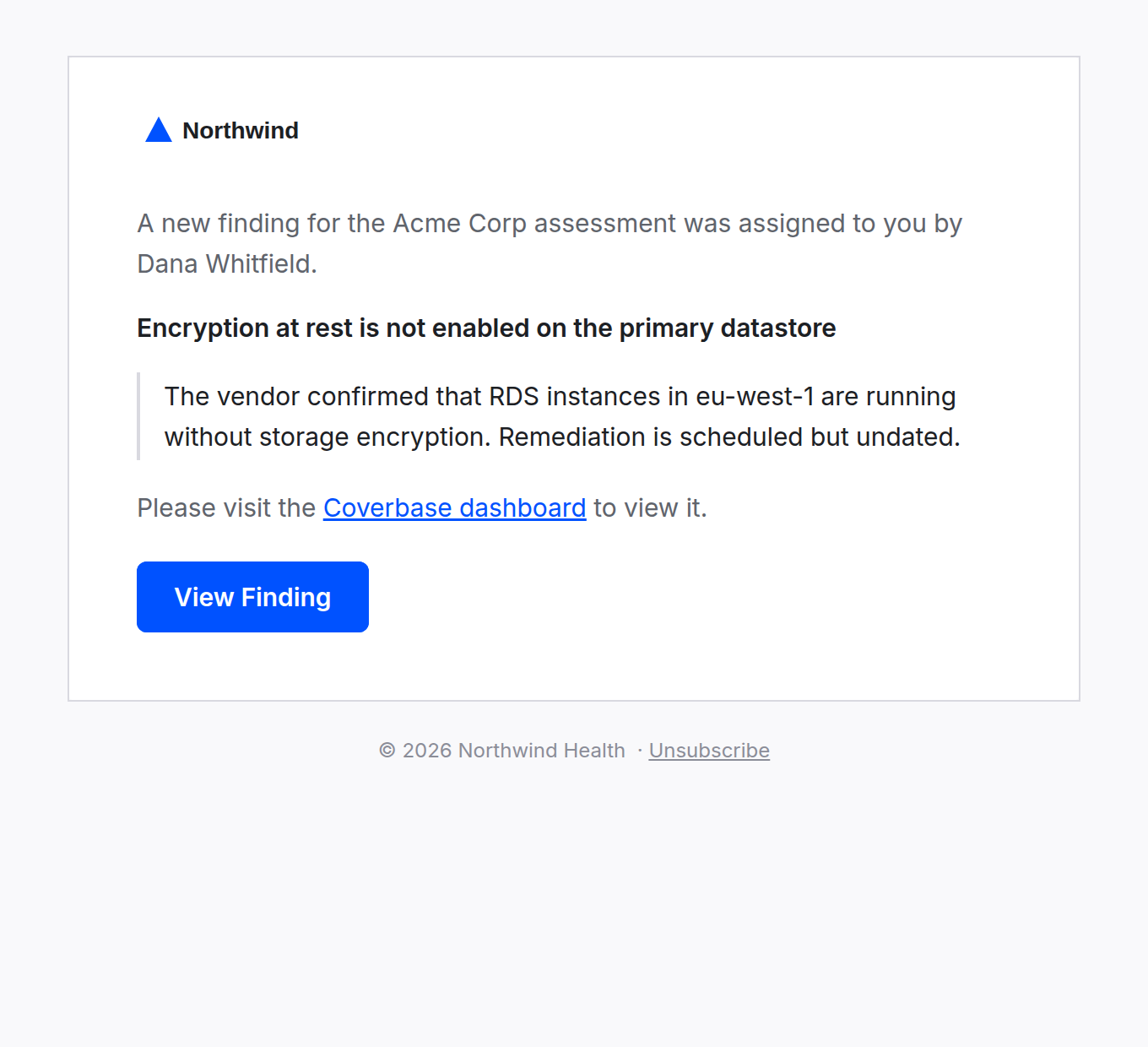 Example Coverbase notification email showing a finding assignment