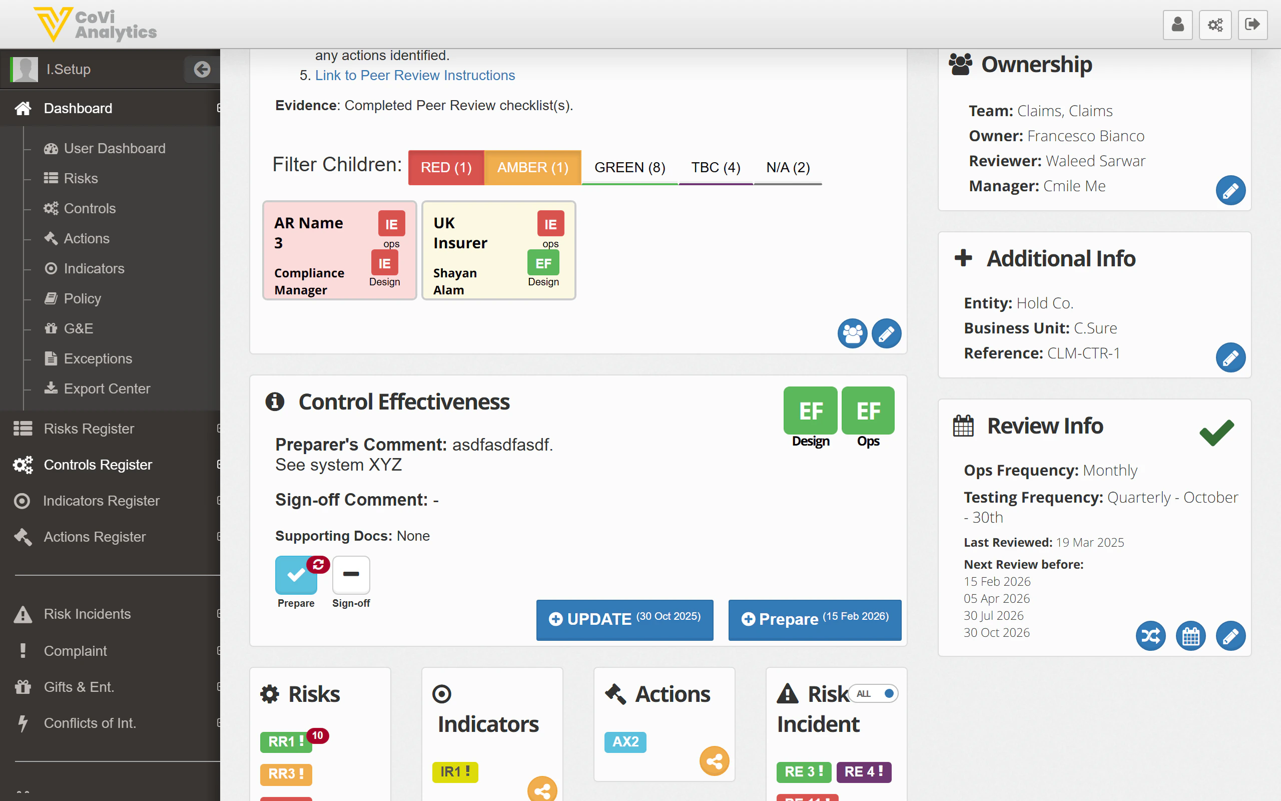 Control Effectiveness section showing assessment comments, RAG ratings, and action buttons