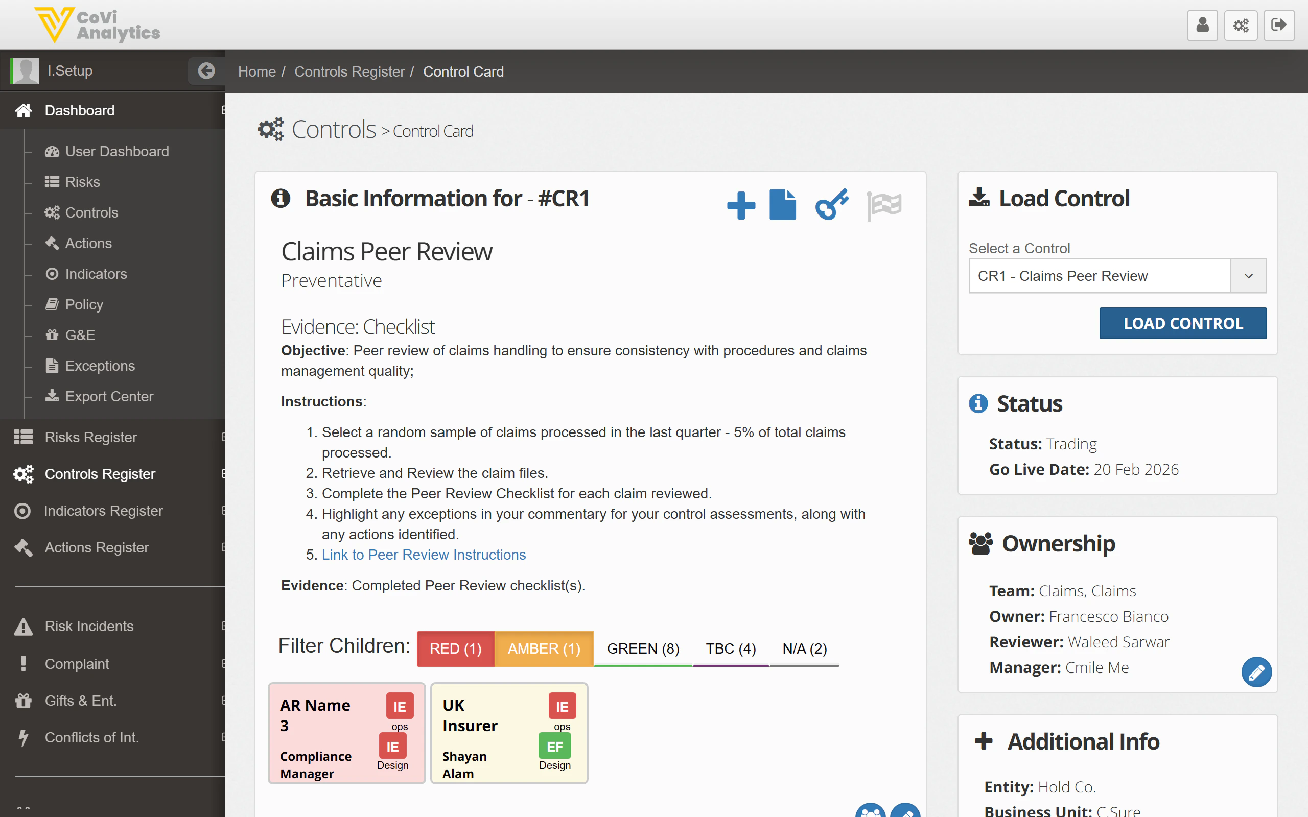 Control Card showing basic information, child controls, and the Load Control panel