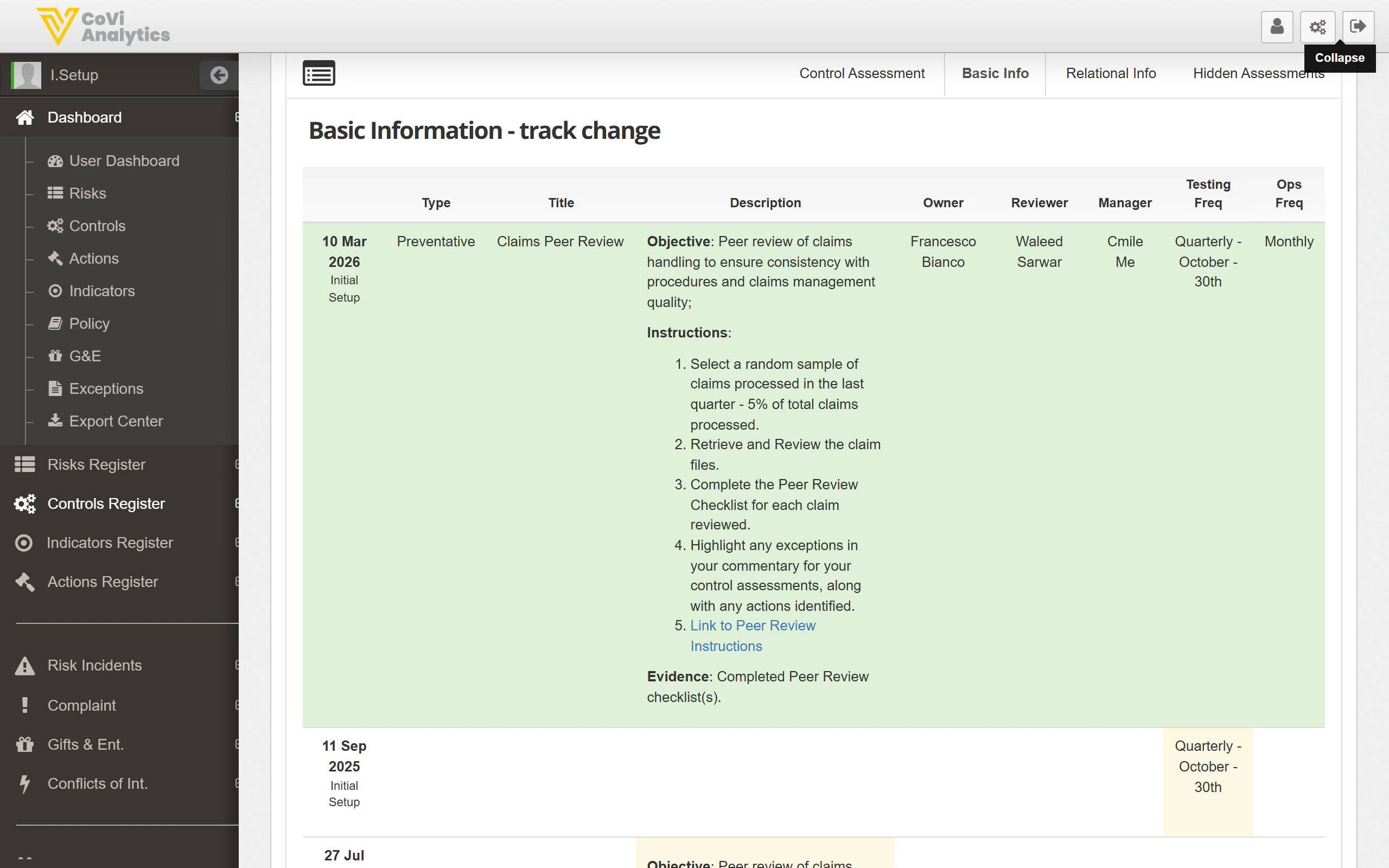 Basic Information track change showing a timestamped history of all changes to the control's core fields