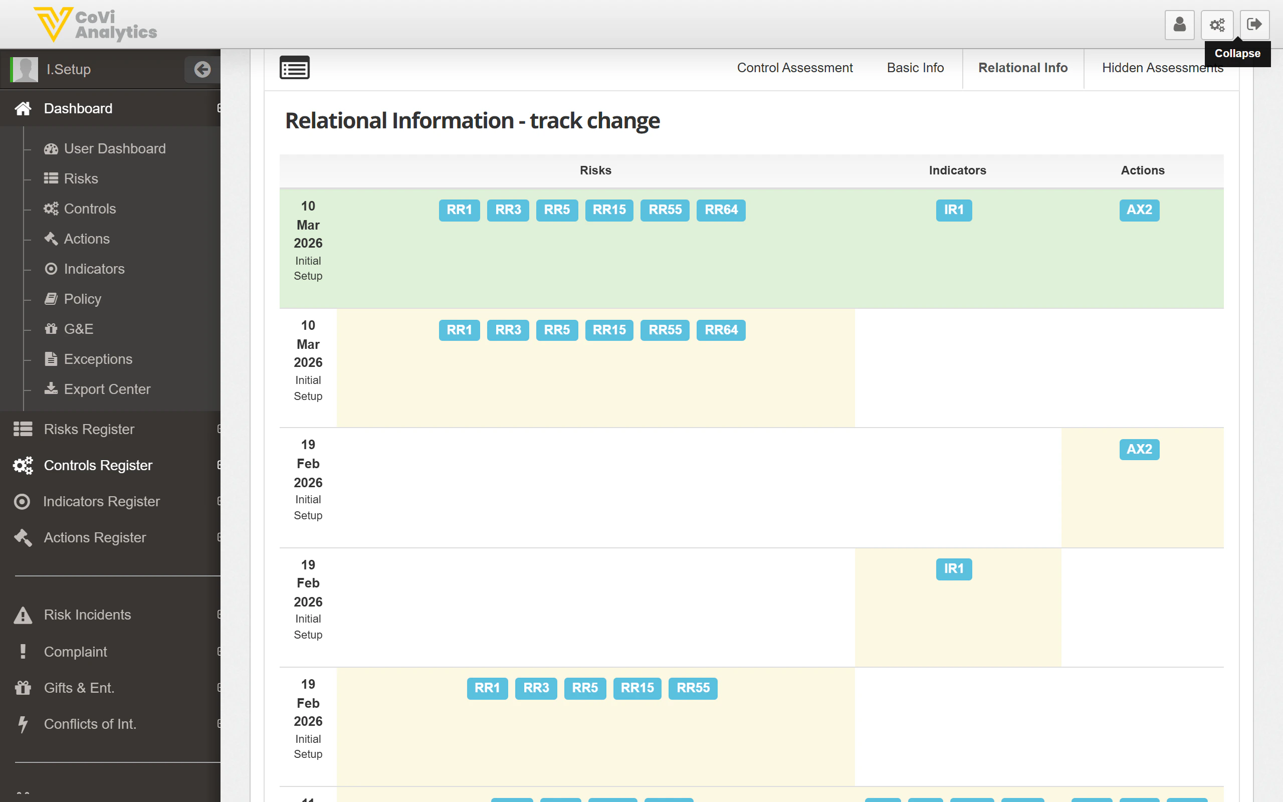 Relational Information track change showing how linked risks, indicators, and actions have changed over time