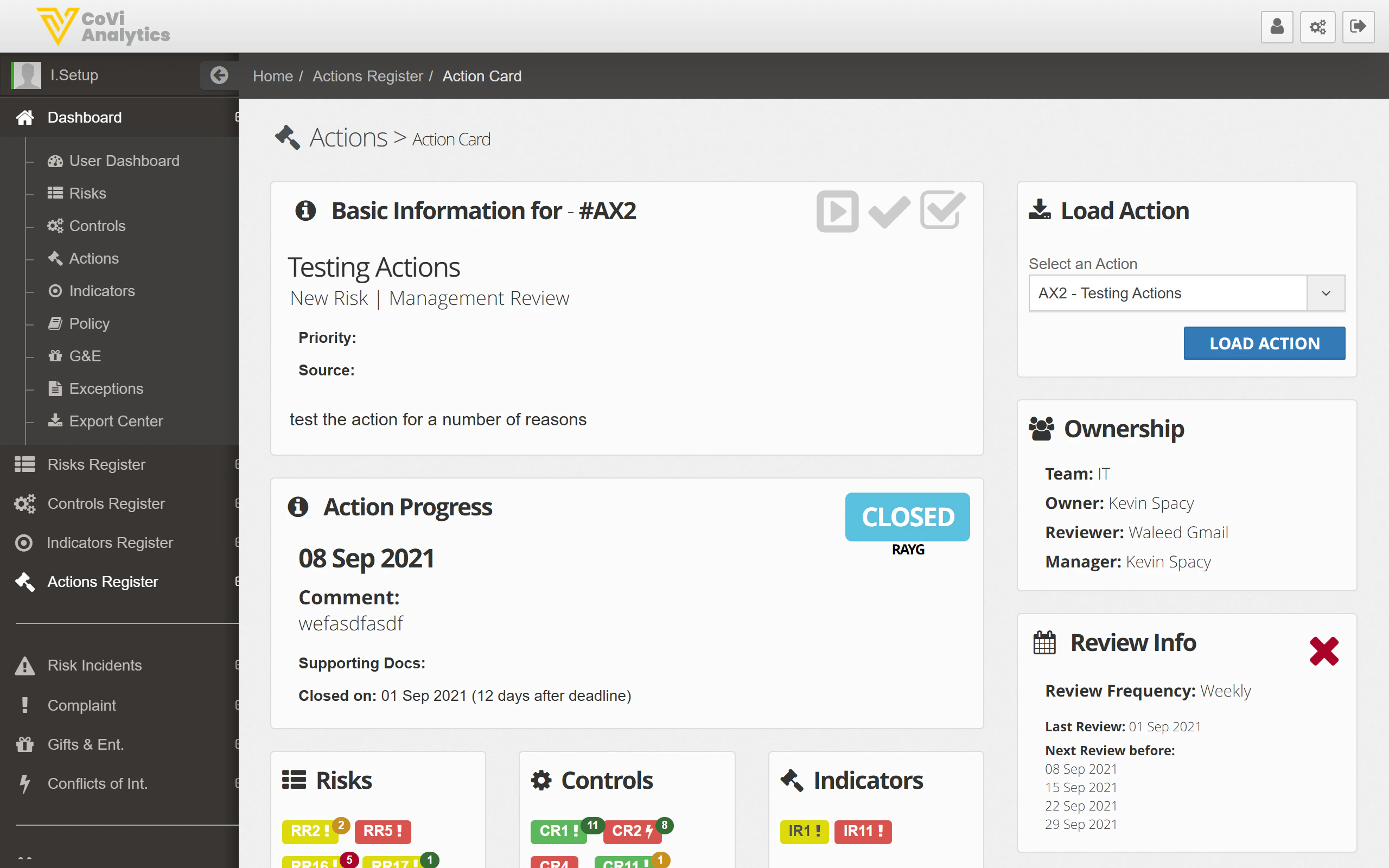 Action Card showing basic information and the Load Action panel