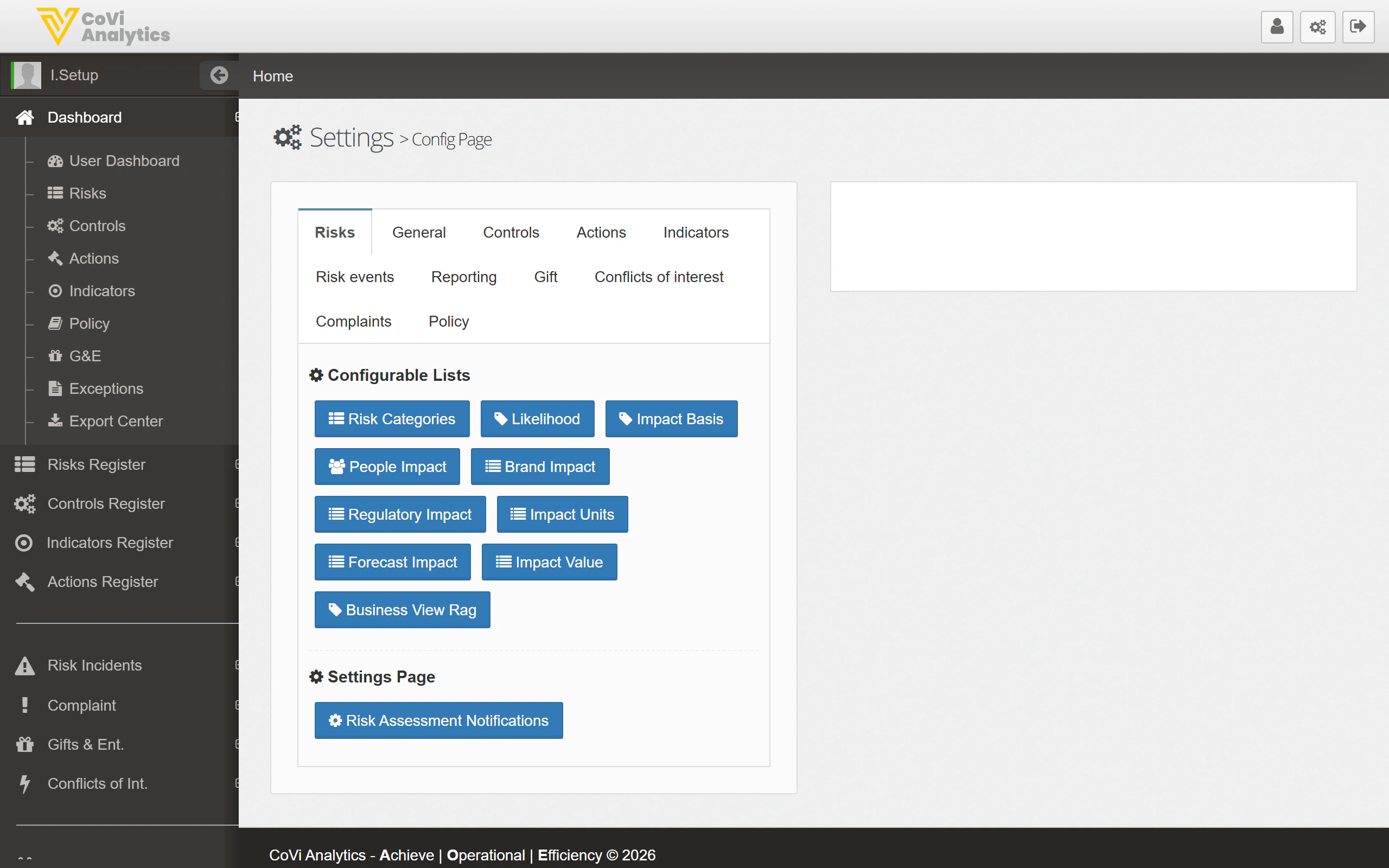 Configuration page showing module tabs, configurable list buttons, and settings