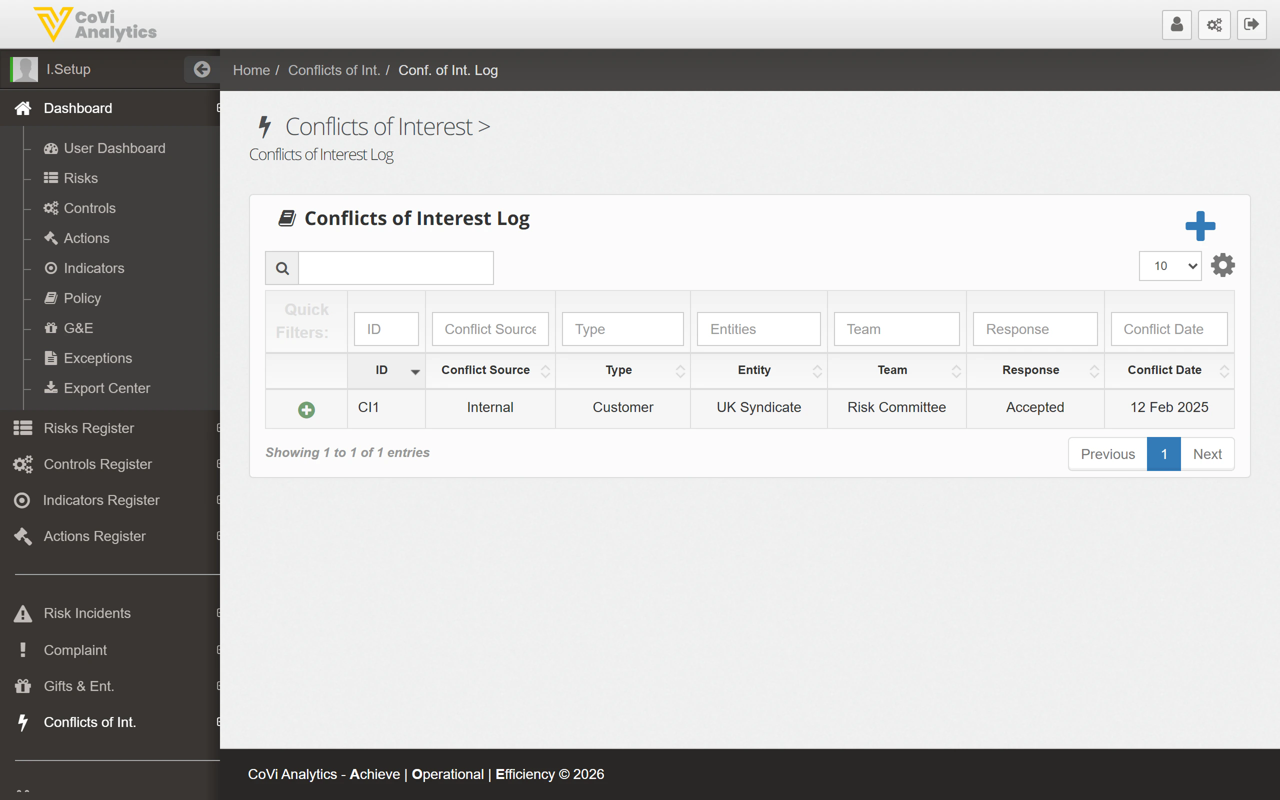 Conflicts of Interest Log showing declared conflicts with source, type, and response details