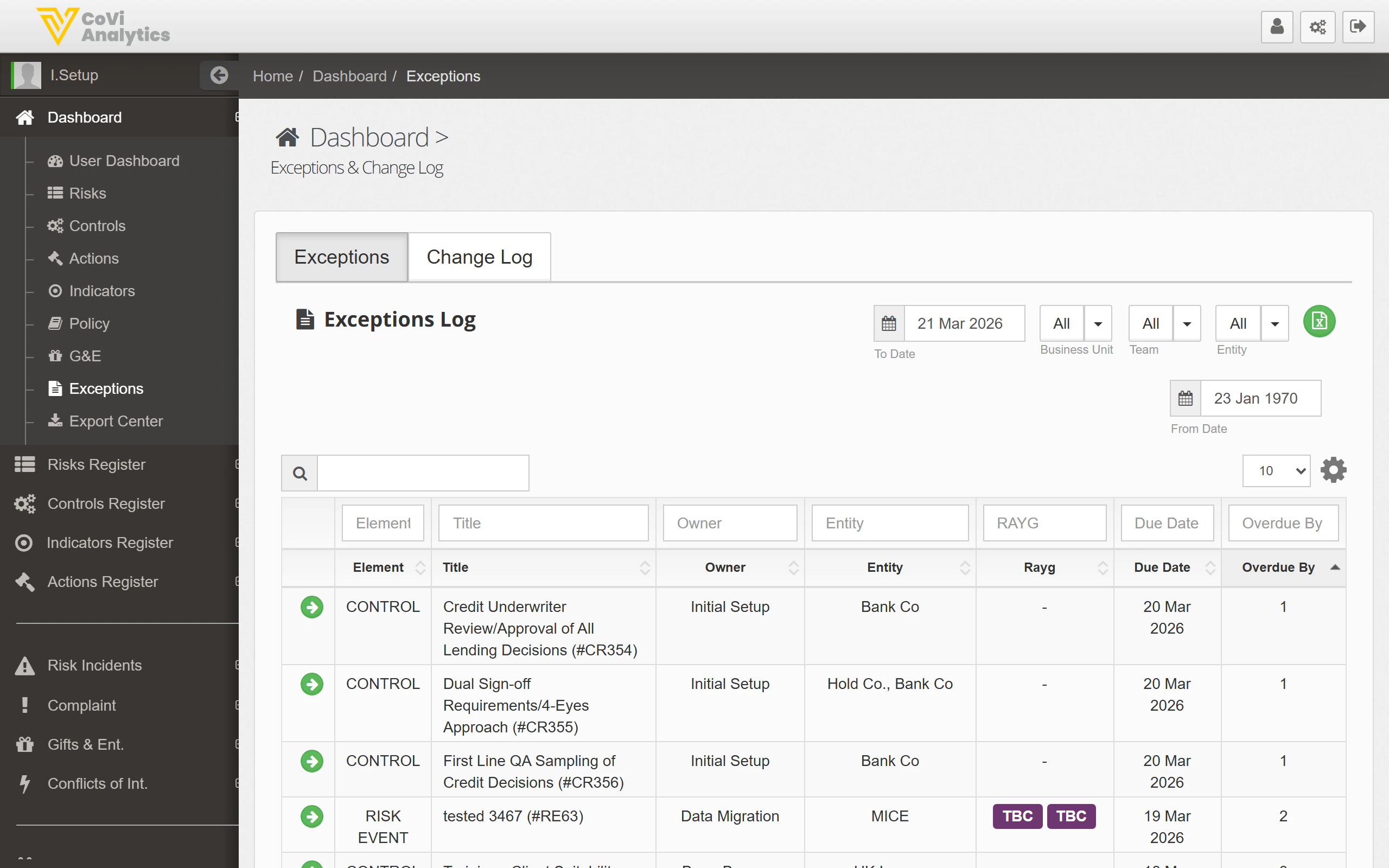 Exceptions page showing the Exceptions tab with filters for date range, Business Unit, Team, and Entity, and a table listing all exception records with RAYG ratings