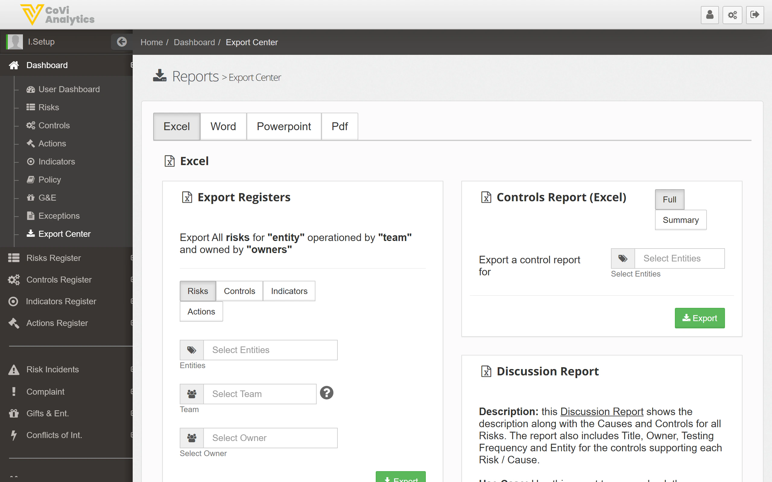 Export Center showing the Excel tab with Export Registers section, entity and team filters, Controls Report options, and Discussion Report