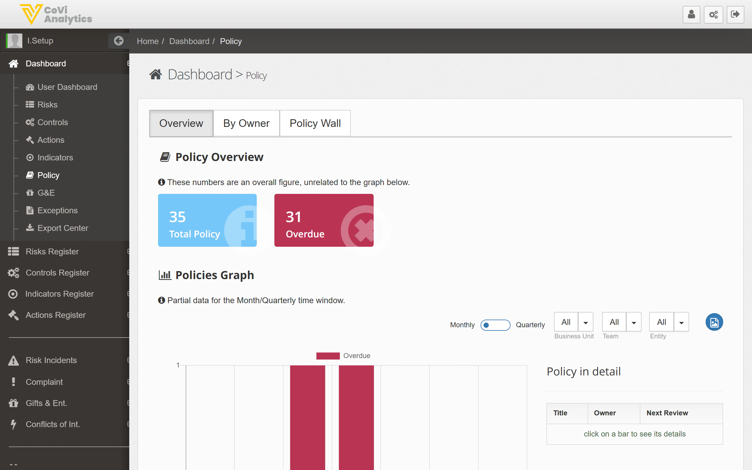Policy Dashboard showing status tiles, Policies Graph with Monthly and Quarterly toggles, and filter dropdowns for Business Unit, Team, and Entity