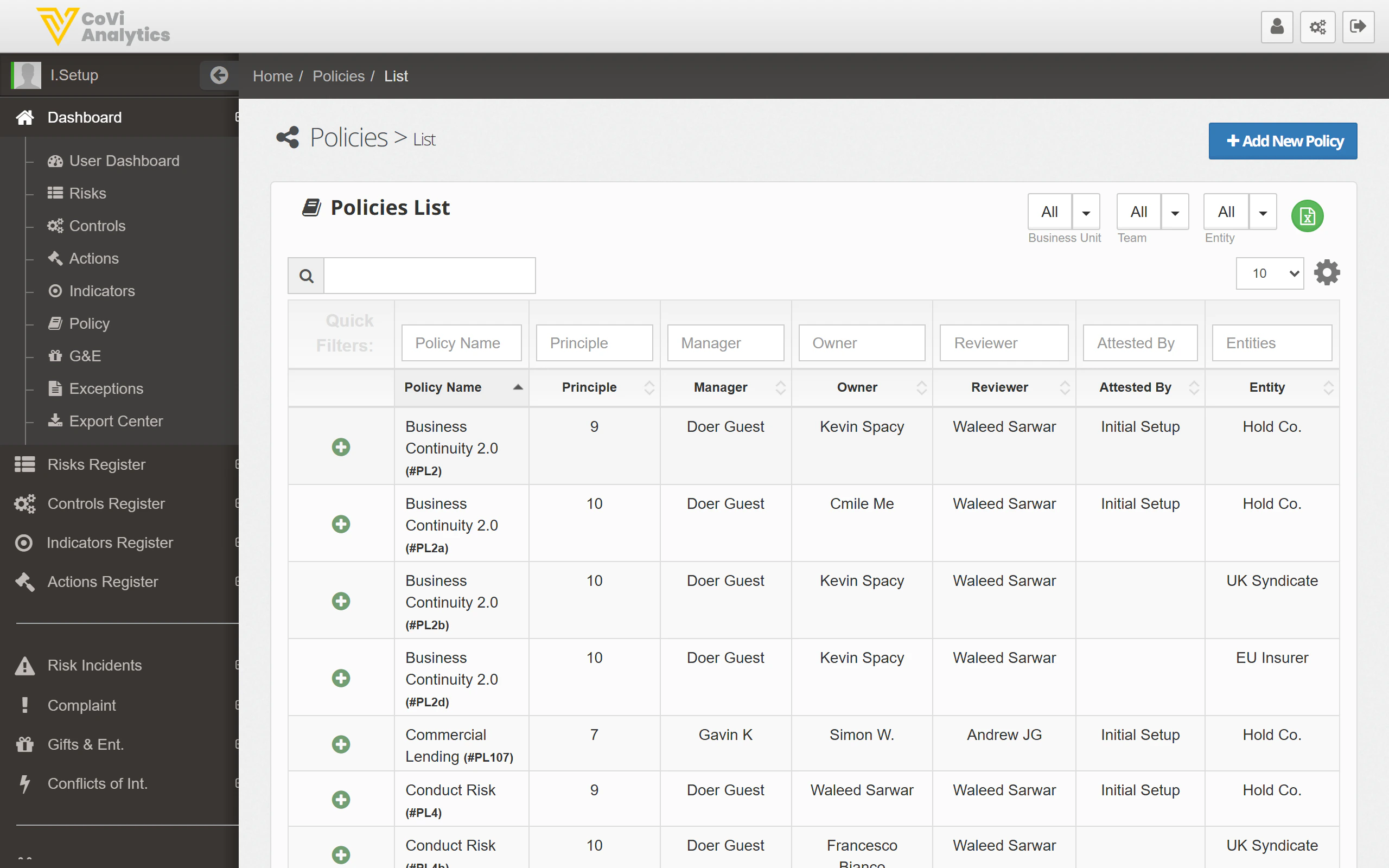 Policy List showing all policies in a searchable table with filters for Business Unit, Team, and Entity