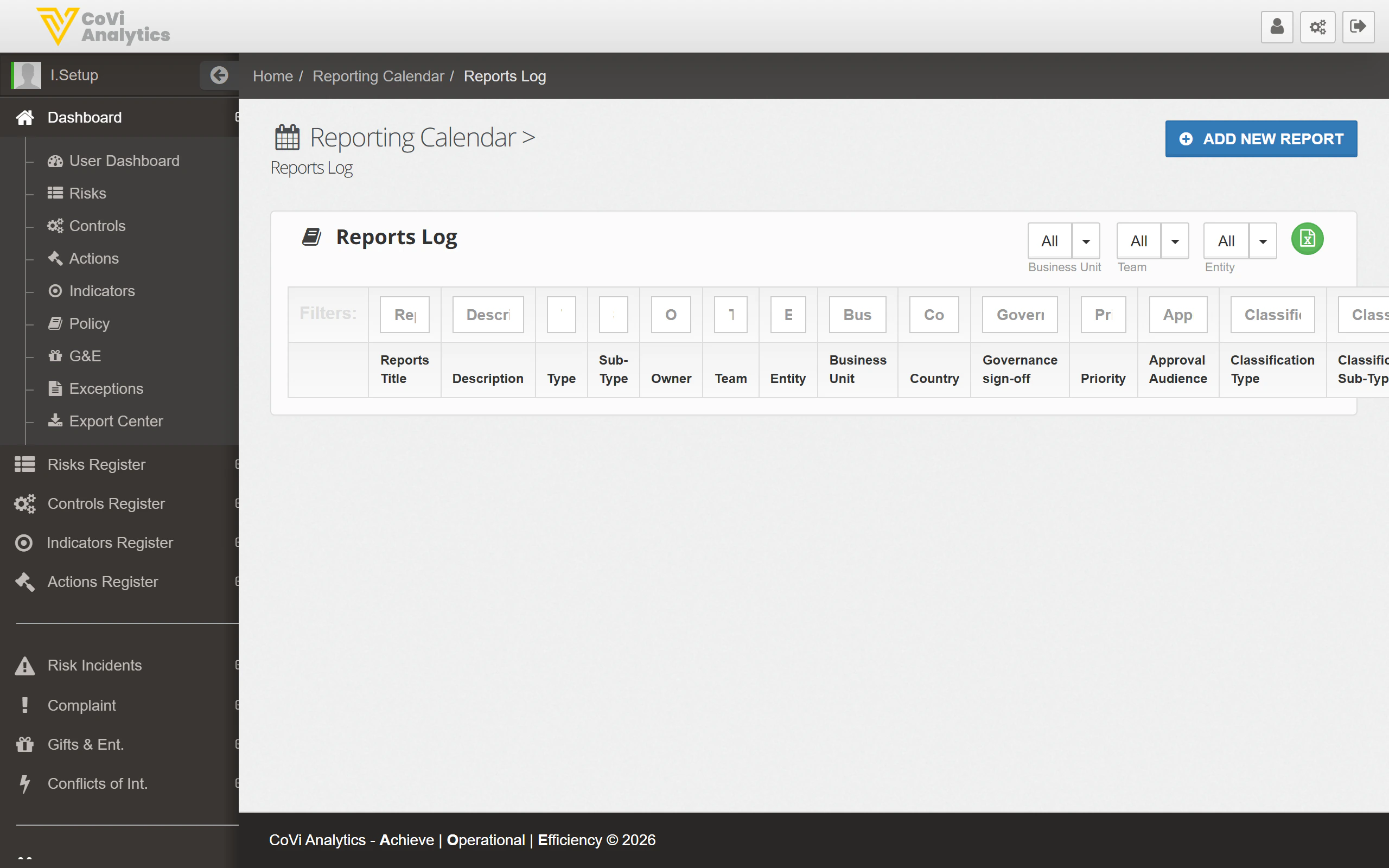 Reporting Calendar showing a table of reports with type, ownership, and governance details