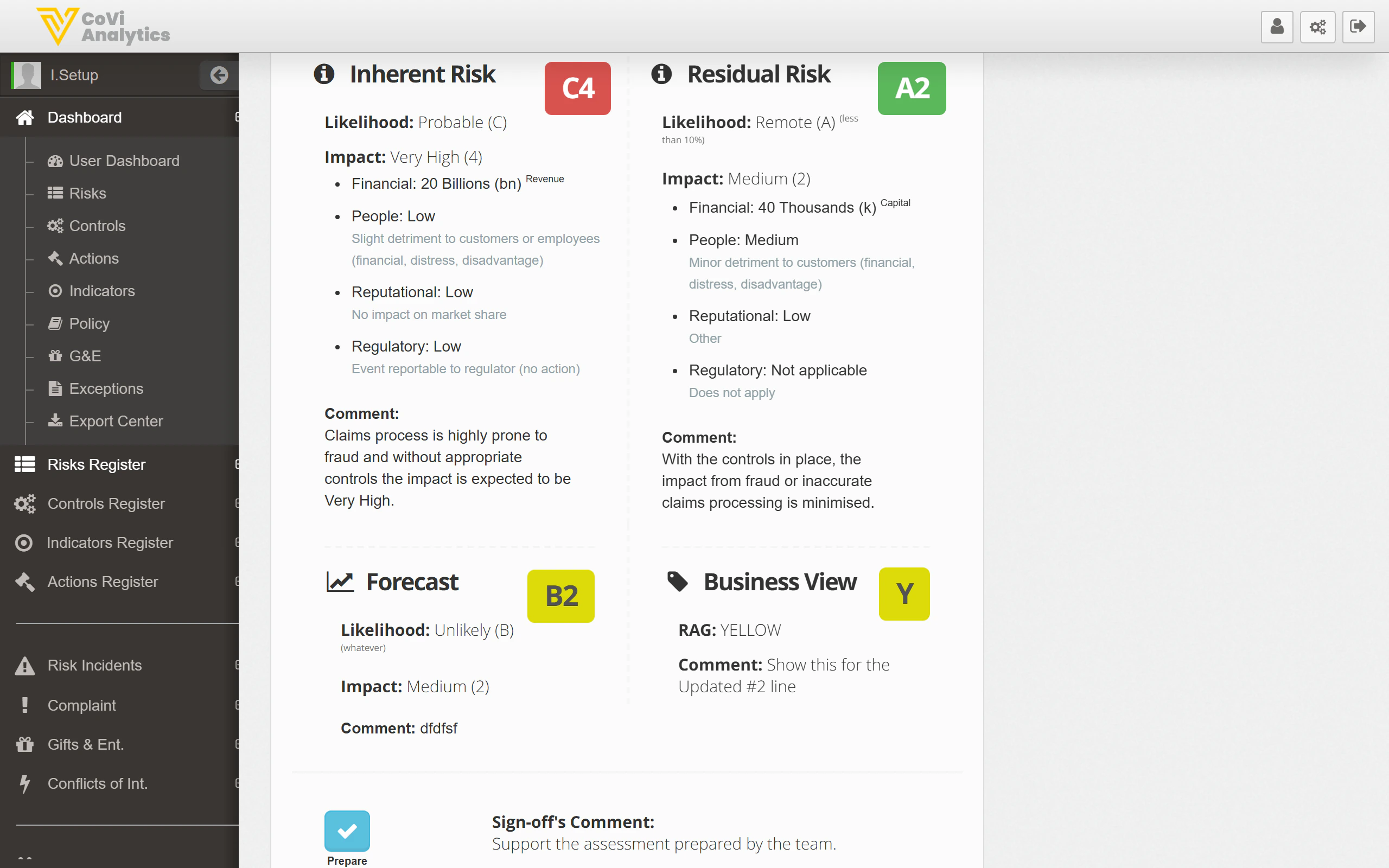 Risk Assessment section showing inherent, residual, and forecast scoring with likelihood and impact dimensions