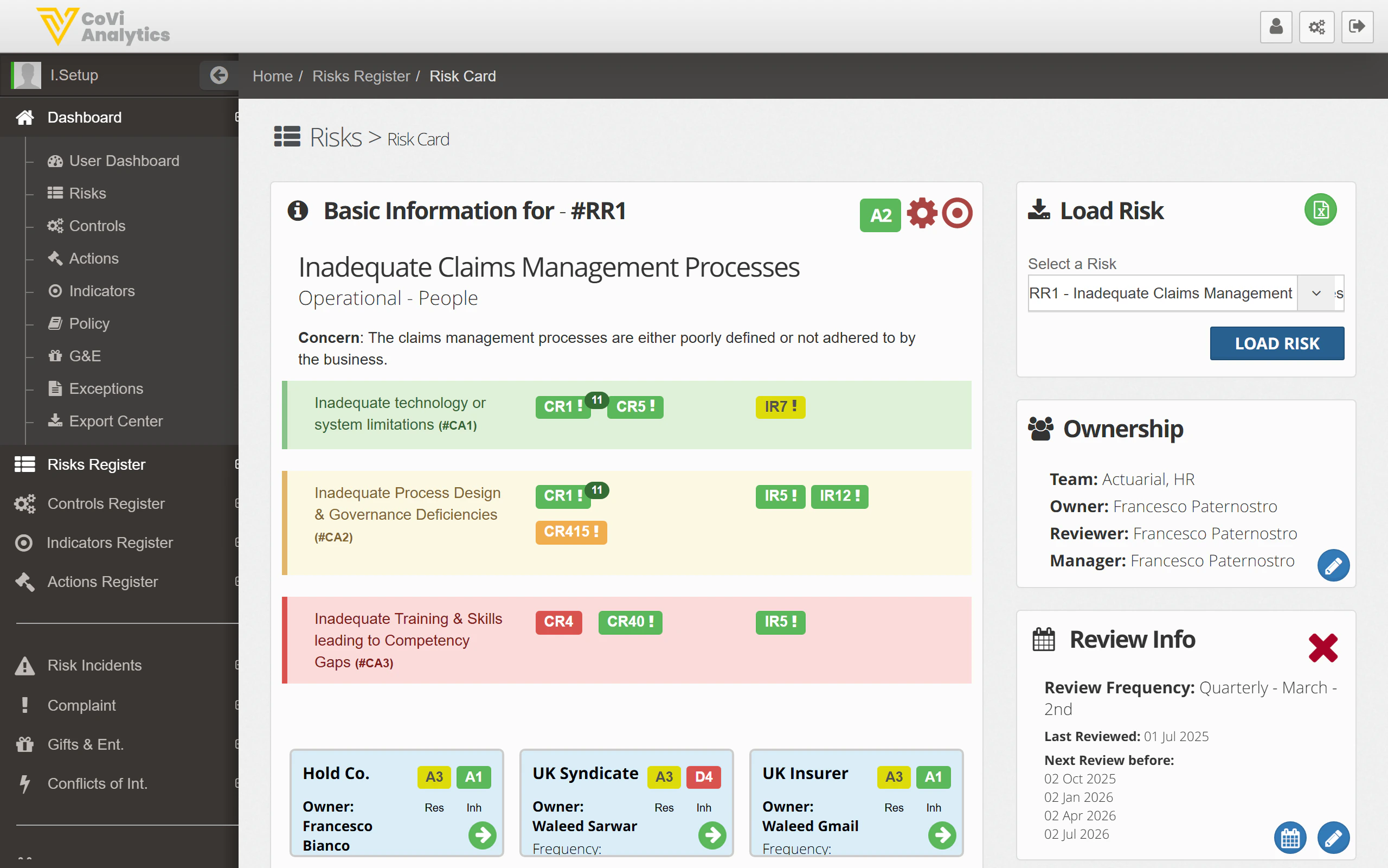 Risk Card showing basic information, risk details, and the Load Risk panel