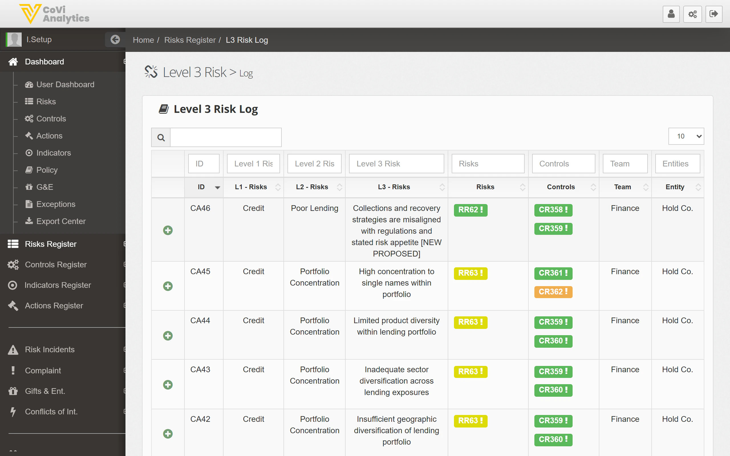 L3 Risk Log showing the risk taxonomy table with linked risks and controls