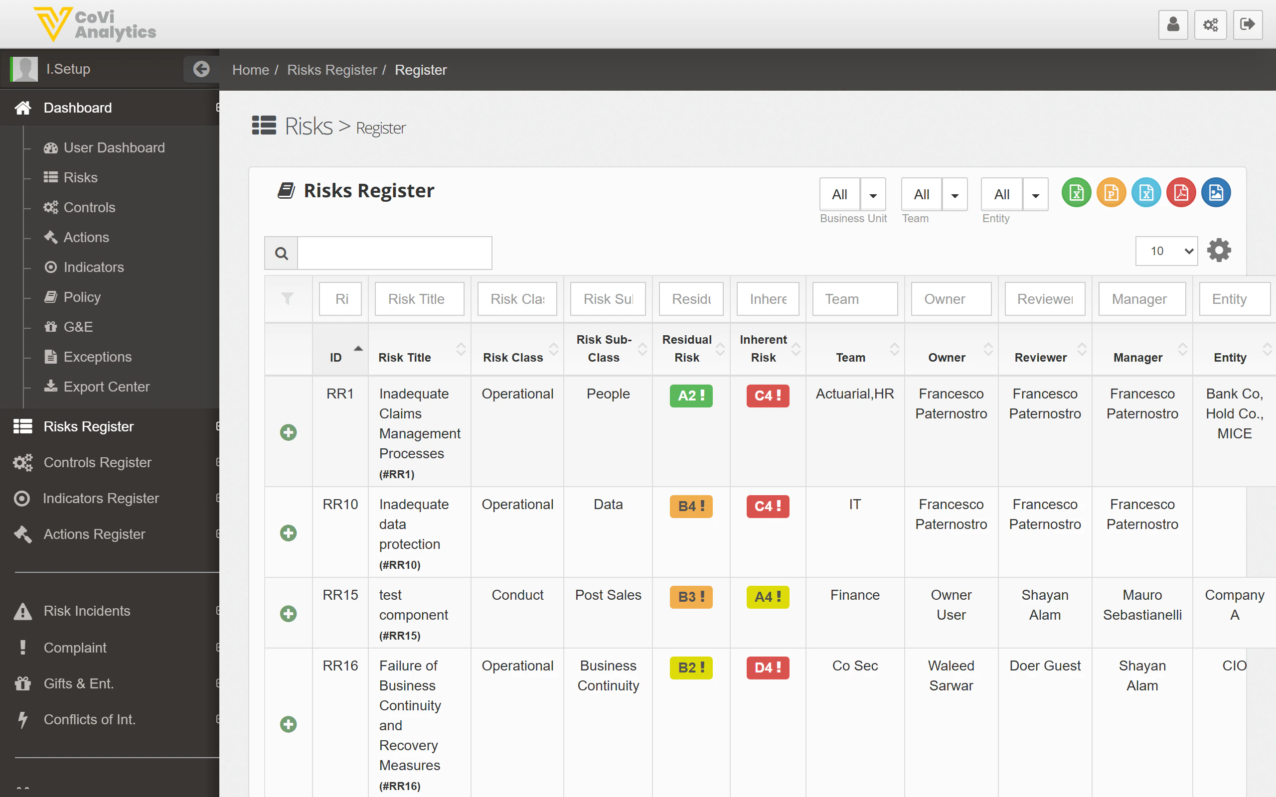 Risk Register showing the searchable table of all risks with filters and action buttons