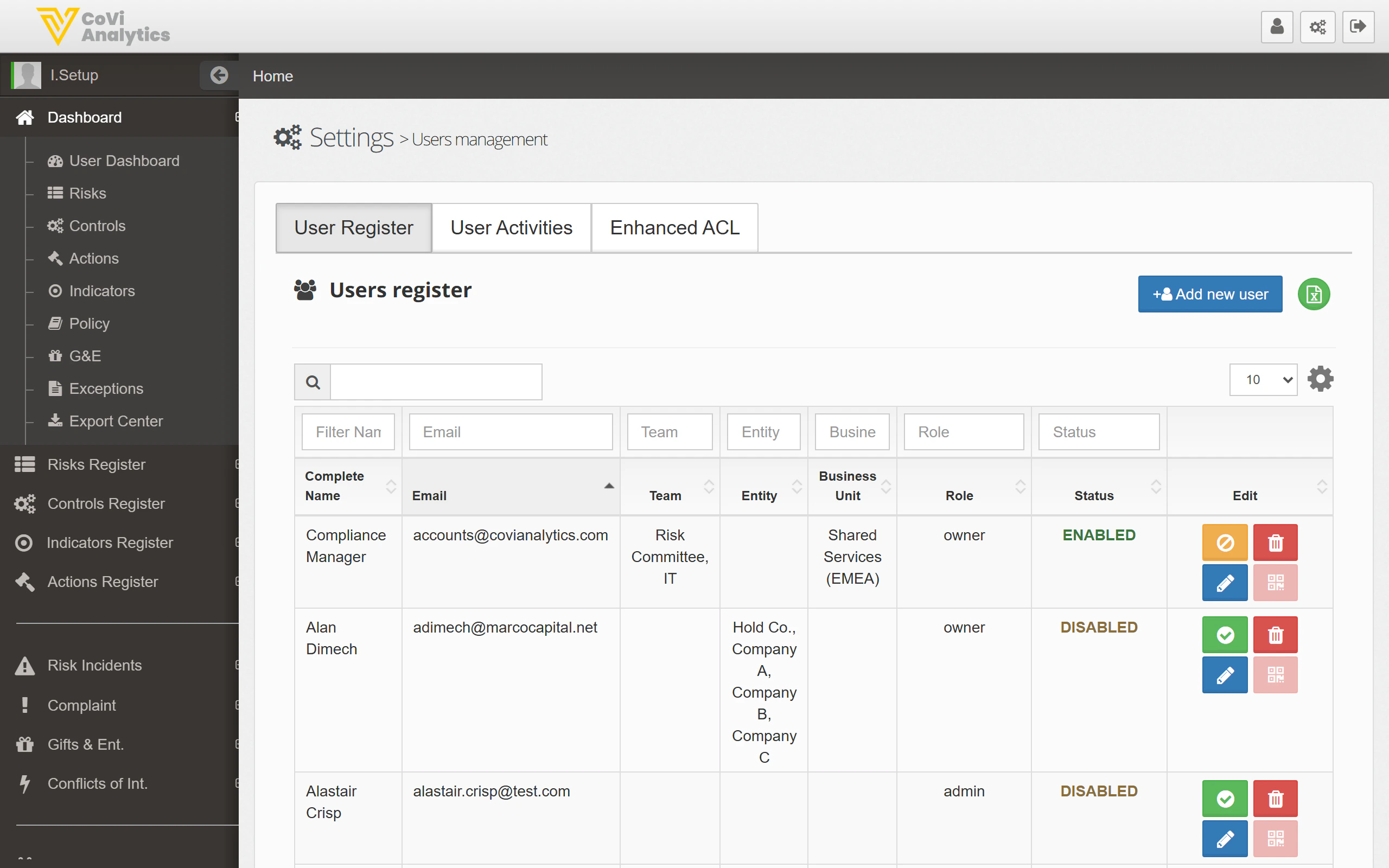 User Management screen showing the User Register with filters, user table, and action buttons