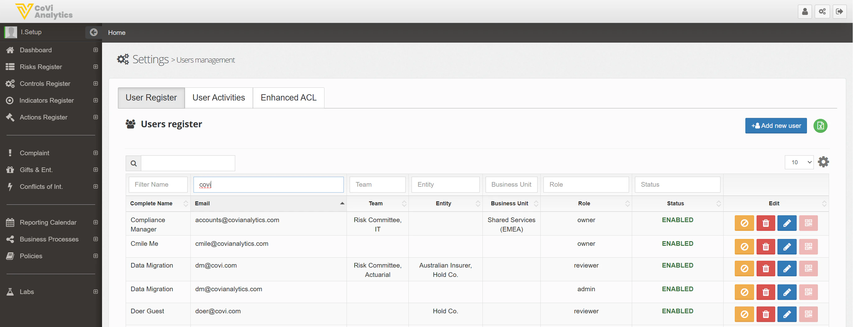User Management screen showing the User Register with filters, user table, and action buttons