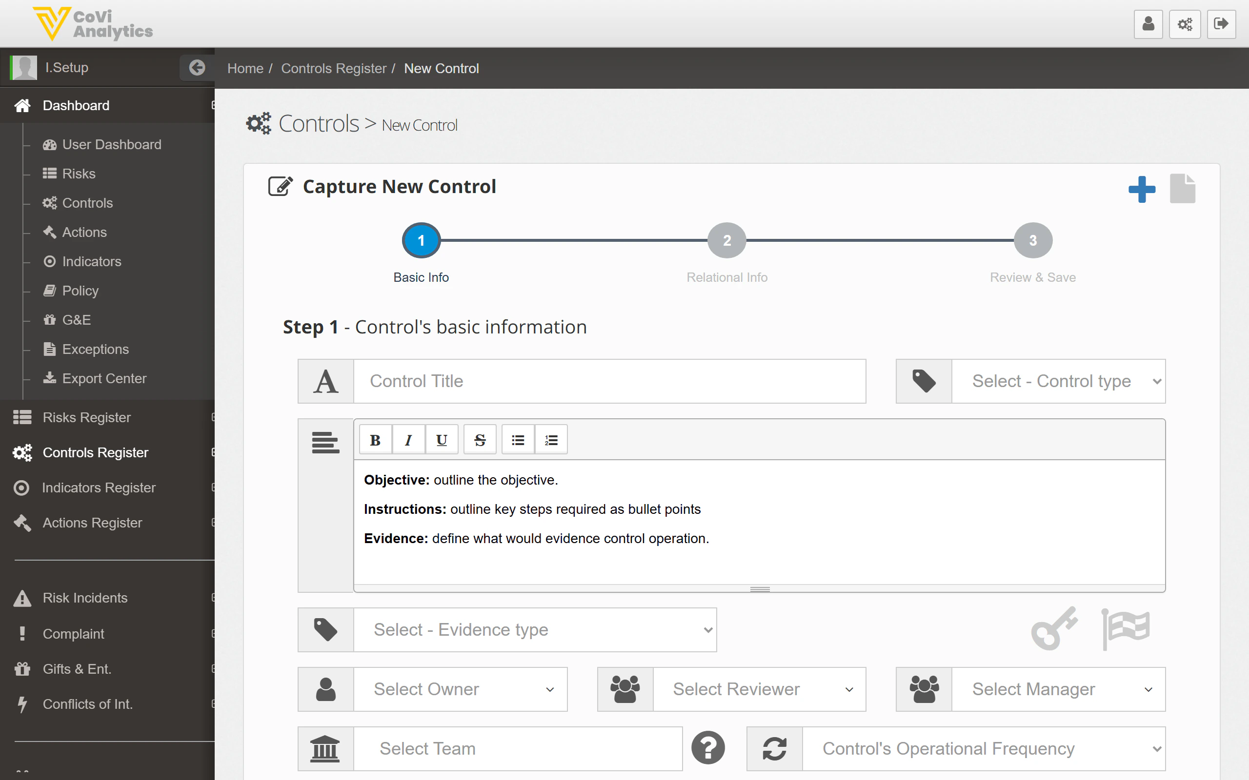 New Control wizard showing Step 1 — basic information