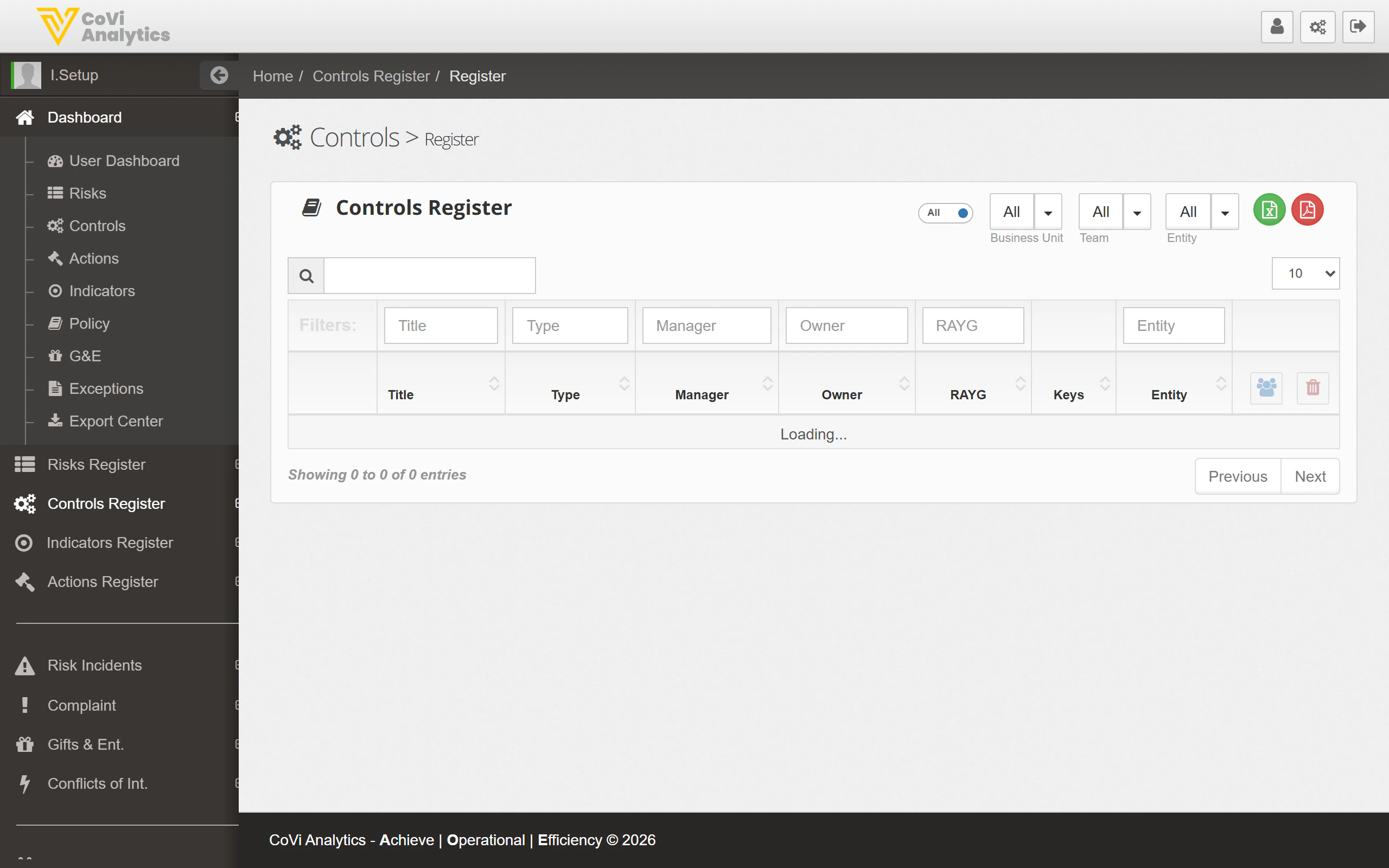 Control Register showing the searchable table of all controls