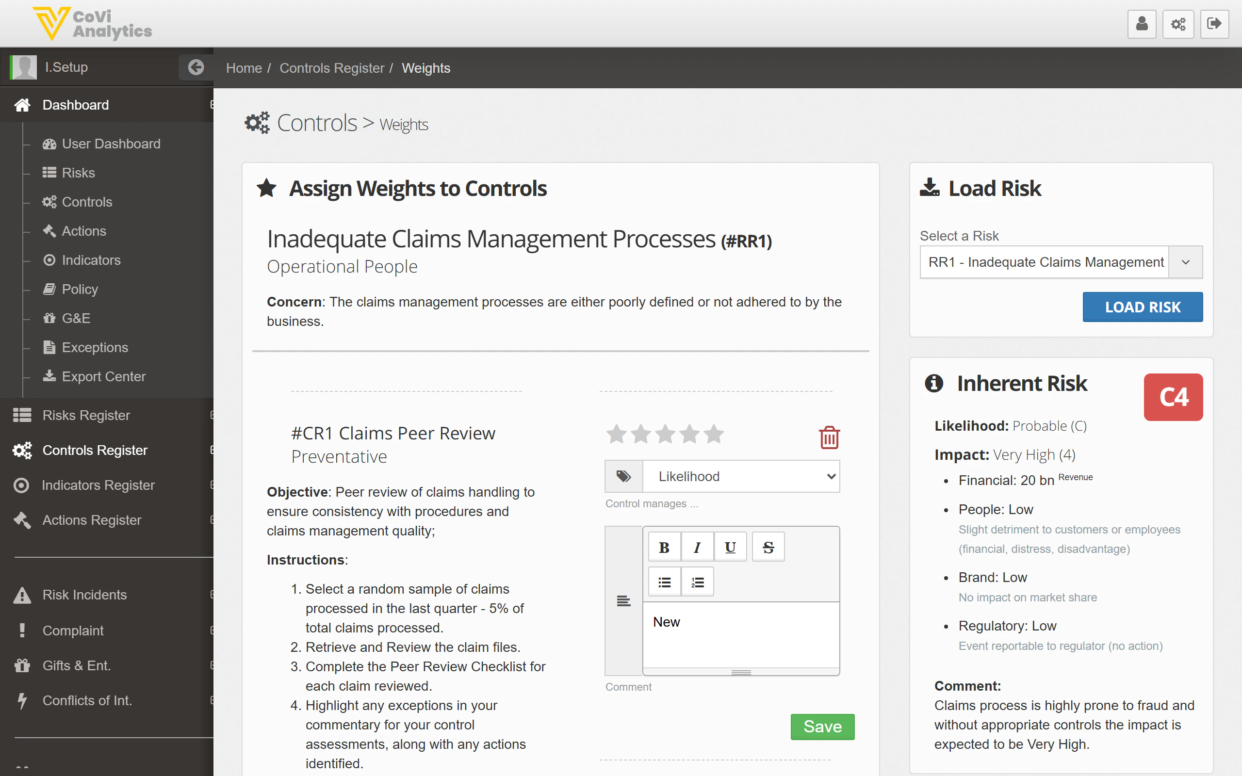 Control Weights page showing a control linked to a risk with scoring and assessment
