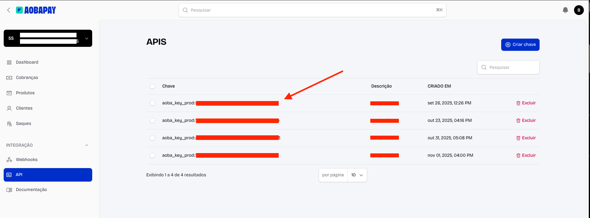 Lista de chaves com opção de copiar