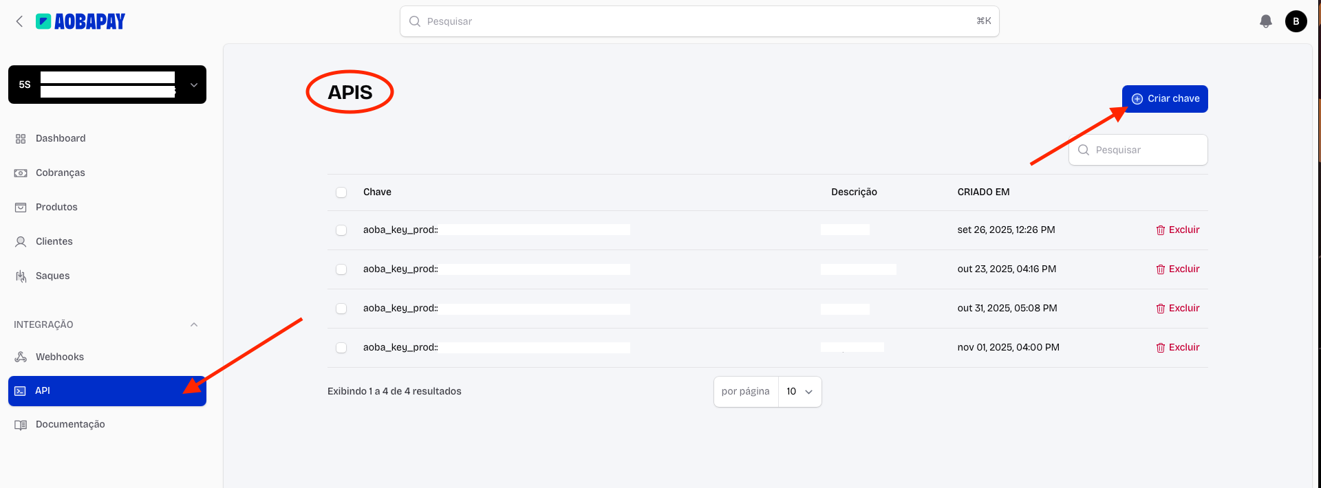 Tela da AobaPay mostrando botão de criação de chave