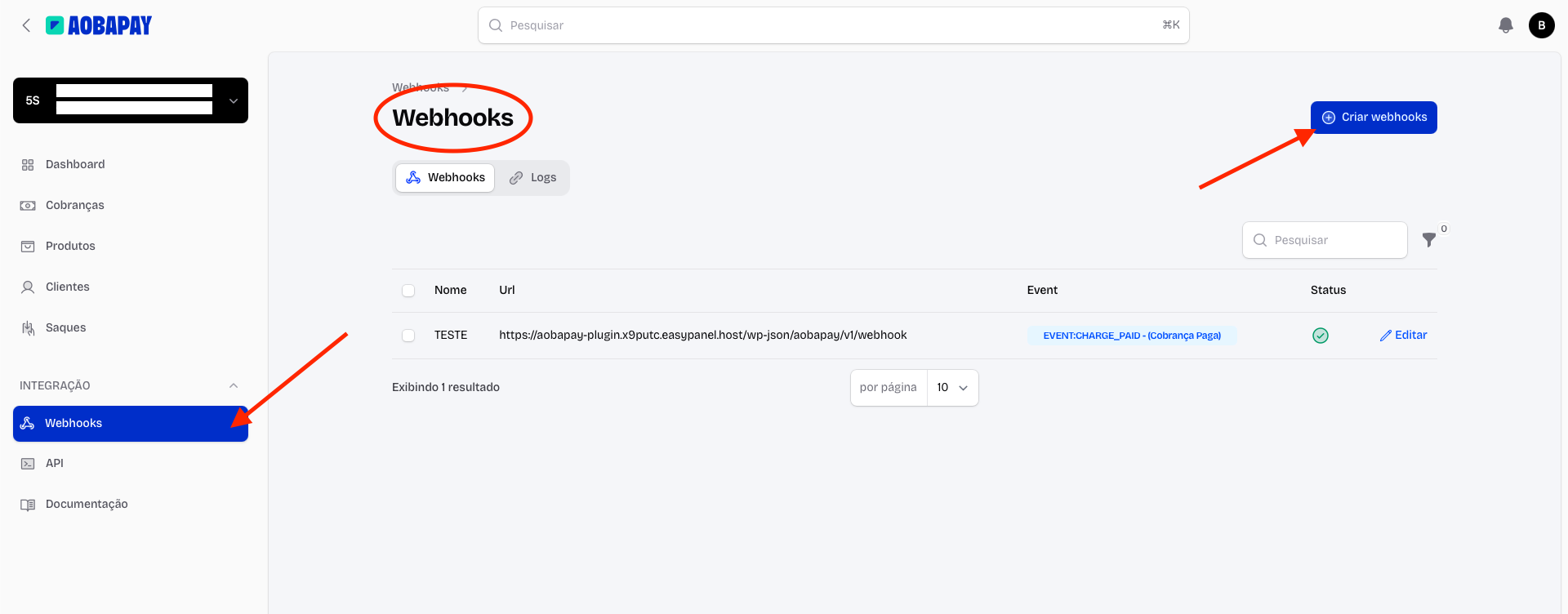 Interface da plataforma AobaPay mostrando a seção de webhooks