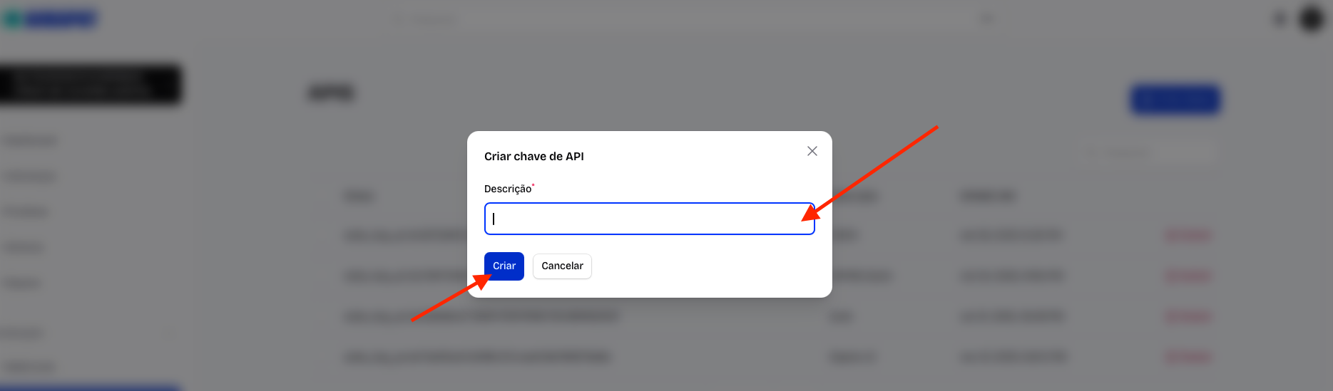 Formulário com campo de descrição da chave