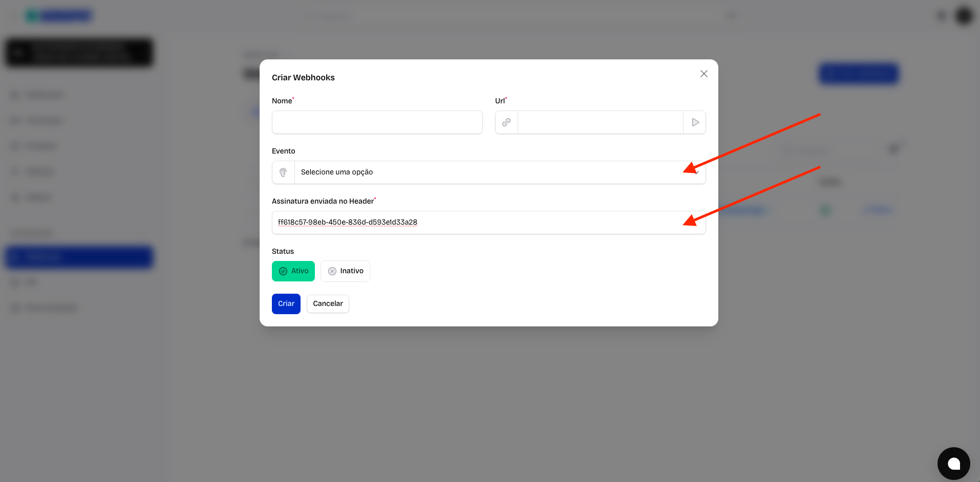 Formulário de criação de webhook